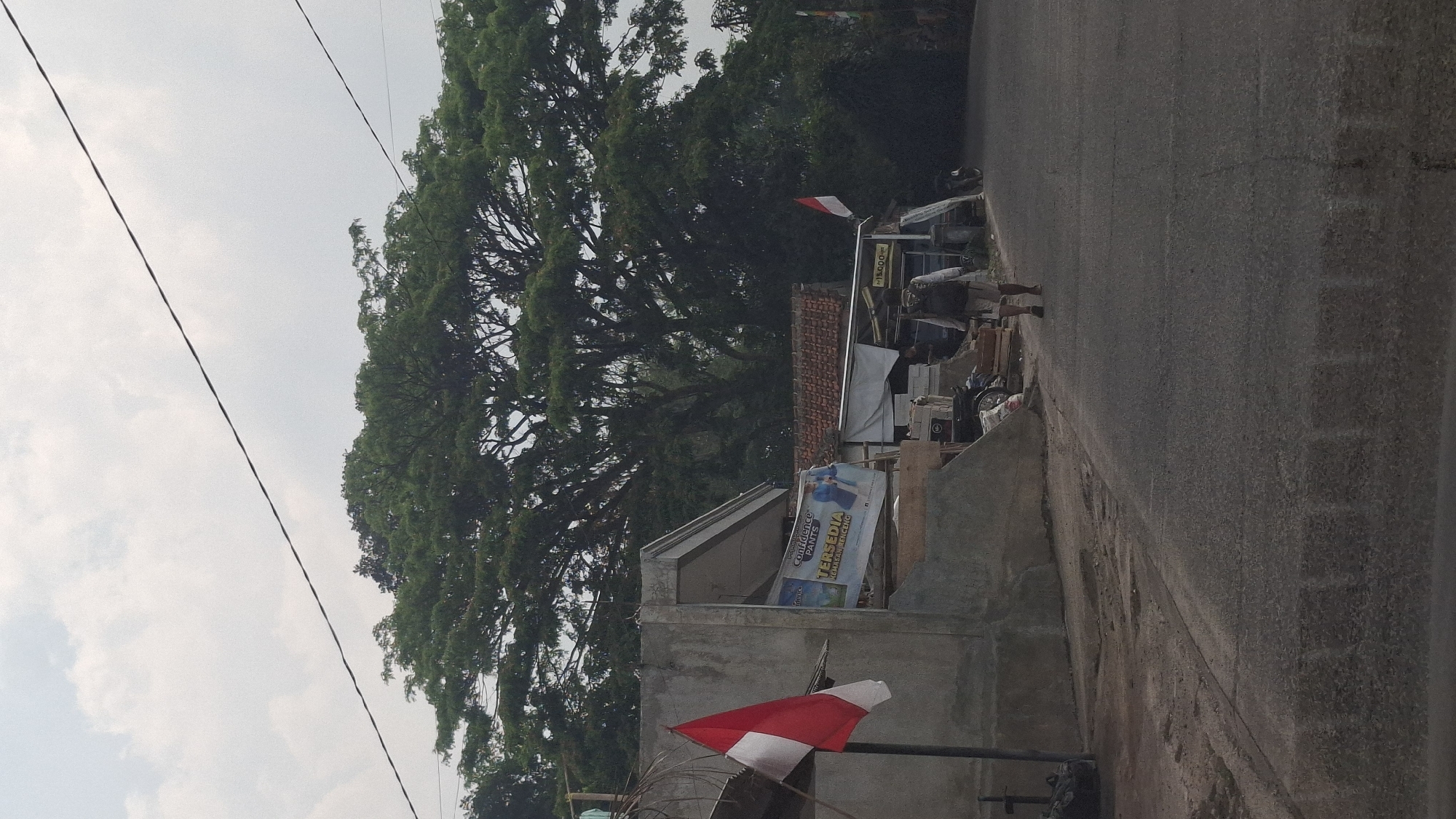 The image depicts a street scene in Cibinong Hilir, Indonesia. A person wearing a backpack is walking away from the camera on an asphalt road. To the left of the road, there is a building with a red and white flag displayed prominently. Behind the building, a large tree with lush green foliage dominates the background. Several other structures, including shacks and a banner advertising "Confidence Pants," are visible on the left side of the road. The sky is overcast with some clouds. The overall environment suggests a rural or semi-urban setting.