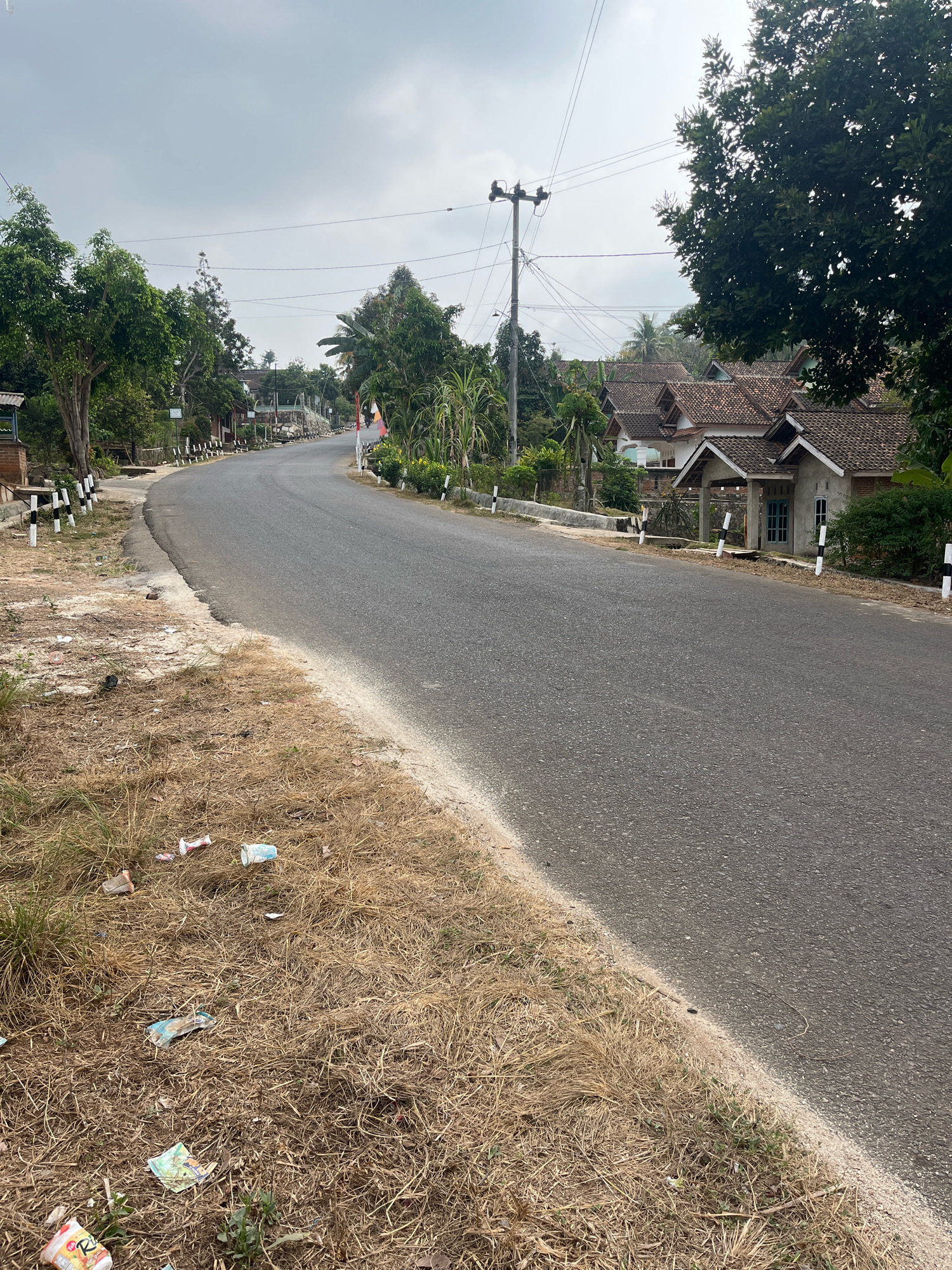 The image depicts a road curving through a rural or semi-rural area, likely in or near Muara Dua, Indonesia, given the architectural style of the houses and vegetation. The road is paved and appears to be a two-lane street. On the right side of the road, several houses with tiled roofs are visible, set back from the road. Some are under construction or appear unfinished. The roadside on the left is unpaved, with dry grass and scattered litter, including plastic cups and wrappers. Black and white striped posts are intermittently placed along the edge of the road, serving as markers or barriers. Trees and other vegetation, including tall grasses and bamboo-like plants, are abundant throughout the scene. Overhead power lines and a utility pole are also present. The sky is overcast with a diffused light, suggesting a cloudy day. No people are visible in the image. The overall impression is one of a quiet, somewhat unkempt roadside environment in a residential area outside of a major urban center.