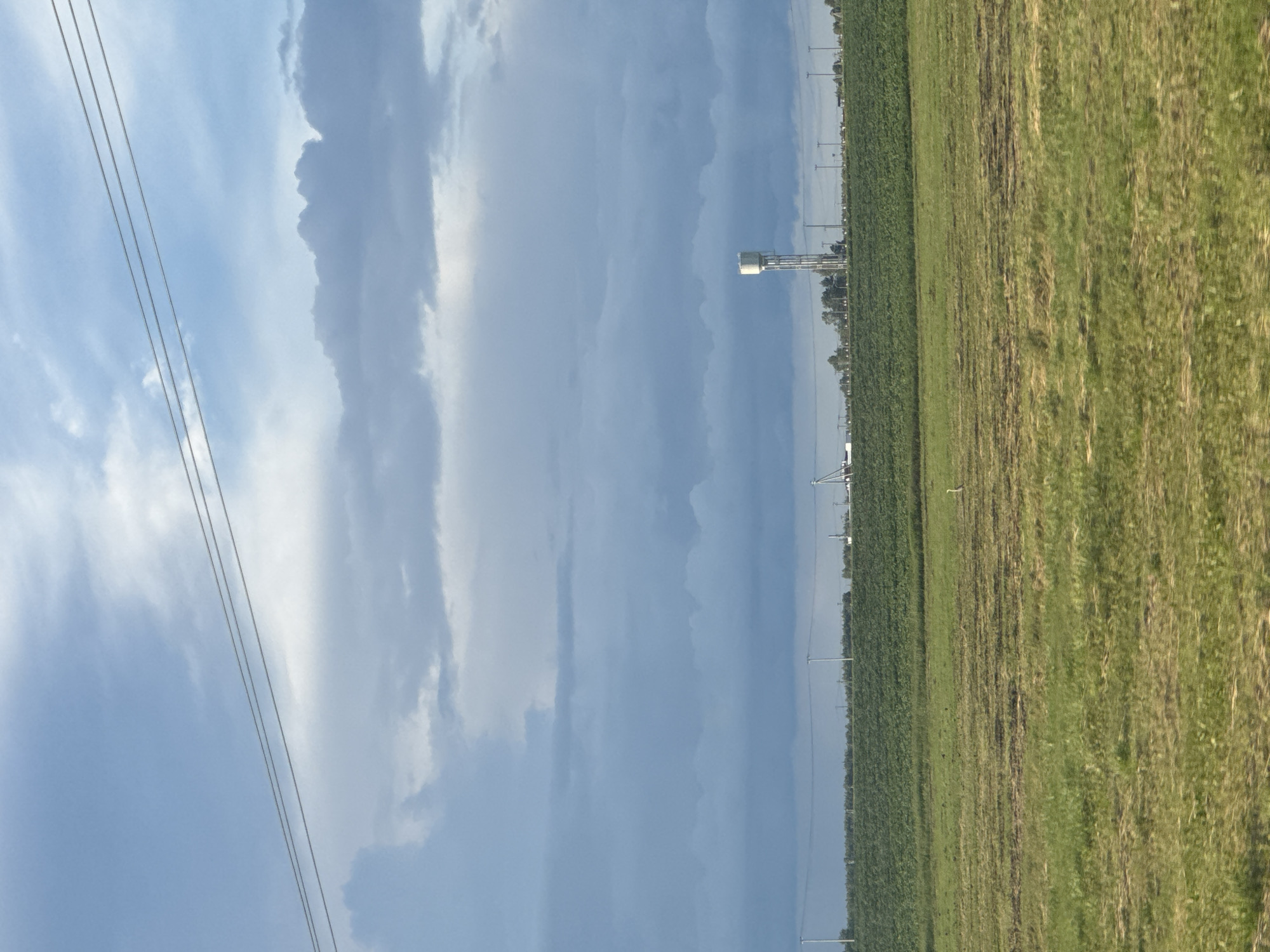 The image captures a wide, horizontal landscape under a cloudy, pale blue sky. In the foreground, a field of green grass transitions to a darker green, cultivated field. Beyond this, a gently sloping, densely vegetated hill forms a prominent midground feature, possibly a levee or a natural elevation.
Dominating the background horizon is a water tower, a tall, slender cylindrical structure with a spherical or conical top, supported by a lattice of metal beams. The water tower is situated within a cluster of trees and other industrial or infrastructure elements, such as utility poles. The overall environment appears rural or semi-rural, with open fields and distant structures.
The sky is characterized by layers of grey and white clouds, with patches of brighter blue visible. Three parallel, thin horizontal lines, likely power or communication lines, stretch across the upper portion of the frame, adding a linear element to the scene. The lighting suggests it is daytime, possibly late afternoon or early morning, given the soft, diffused light. There are no visible people or animals in the immediate vicinity, though a small white bird is faintly visible in the green field in the mid-ground. The scene is static and devoid of immediate action. The location is identified as Акцябрскі сельскі Савет, Belarus.