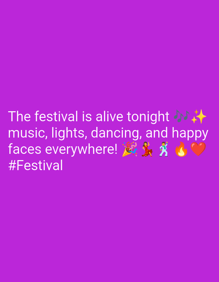A text overlay on a solid purple background reads "The festival is alive tonight music, lights, dancing, and happy faces everywhere! #Festival". Various emojis, including musical notes, sparkles, confetti, dancing figures, a flame, and a heart, are interspersed with the text. There is no indication of a specific location within Kebondalem, Indonesia.