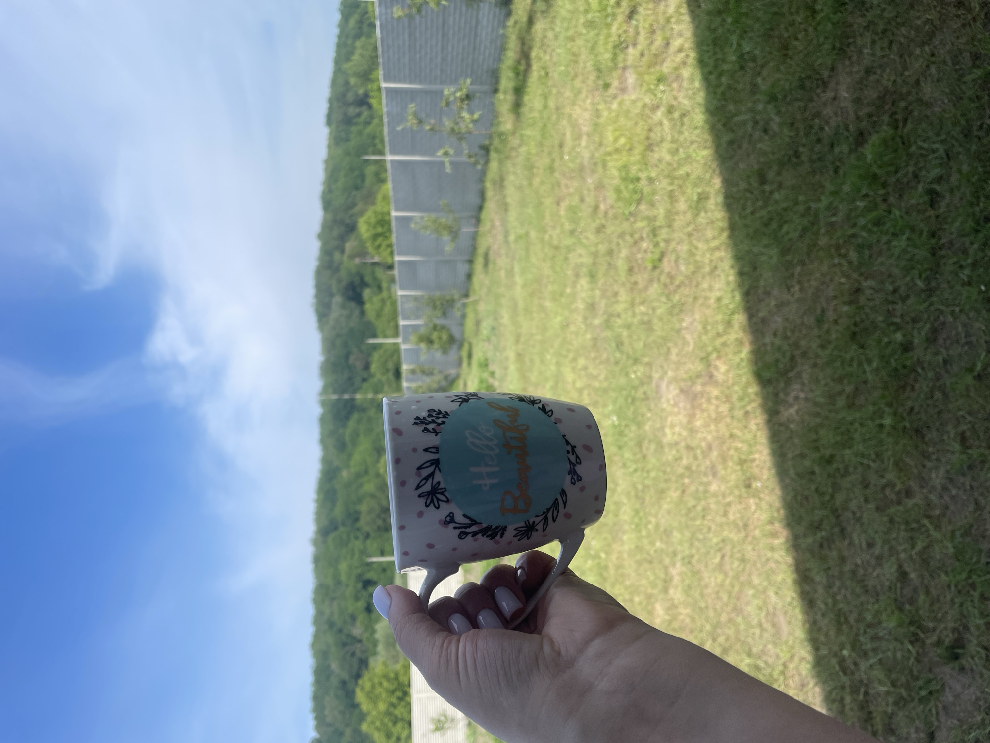 The image displays an outdoor scene captured on a clear, sunny day. A light-skinned hand, with fingernails painted a light, possibly lavender, shade, holds a white ceramic mug in the left mid-ground. The mug is adorned with a pattern of small pink dots and delicate black outlines of leaves and flowers. Centered on the mug is a teal-colored circular emblem containing the words "Hello Beautiful" written in a stylized, gold script.
The upper portion of the frame features a bright blue sky with sparse, wispy white clouds. Below the sky, a dense band of green foliage, indicative of a forest or wooded area, stretches across the horizon. Extending from the right side towards the center of the image is a long, grey pre-cast concrete fence, composed of uniform rectangular panels. Several small, young trees are planted at intervals in front of this fence.
The foreground and mid-ground are covered by a vibrant green grassy area, suggesting a lawn or field. A distinct diagonal shadow cuts across the bottom-left corner of the frame, indicating an unseen overhead structure to the immediate left. The scene portrays a tranquil, open-air environment, typical of a rural or suburban property. The specific location within the city of Petrivka, Ukraine, is not visually verifiable from the image content.