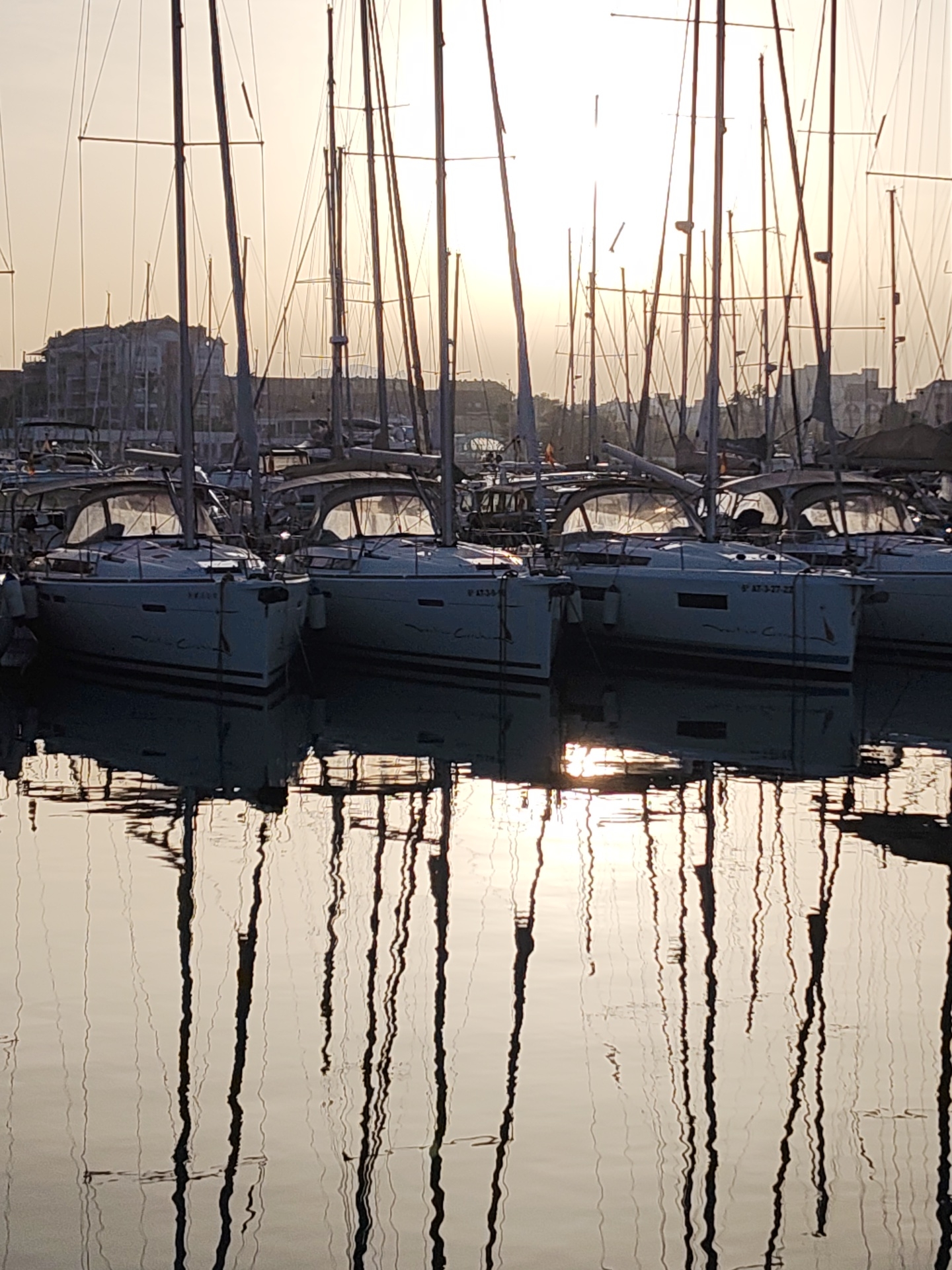 The image captures a view of a marina filled with docked sailboats in Dénia, Spain. The boats are arranged in rows, their masts reaching upwards against the sky. Reflections of the masts and hulls shimmer on the water's surface. In the background, the outline of buildings and structures can be seen. The lighting suggests either sunrise or sunset, casting a warm glow over the scene.