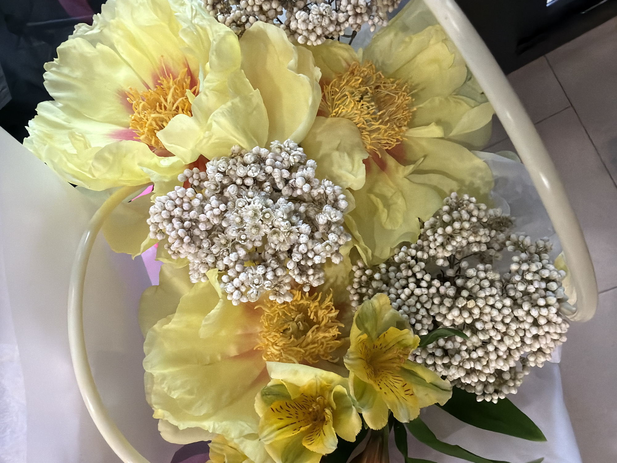 This image features a close-up, overhead view of a bouquet of yellow and white flowers. The bouquet is arranged in a light-colored, possibly white or cream, basket with a curved handle. The prominent flowers are large, ruffled yellow petals with delicate pink and orange accents near the center. Interspersed among these larger blooms are clusters of small, white, bud-like flowers, resembling baby's breath. Smaller, star-shaped yellow flowers with dark striations are also visible. The backdrop is soft and out of focus, with hints of a tiled floor and a dark, possibly black, object in the upper right corner. The lighting appears to be natural or well-lit artificial light, highlighting the vibrant colors of the flowers. There is no visible text in the image. The image does not depict any people or specific activities, but rather showcases a floral arrangement. The scene suggests a static display, likely indoors, possibly for decoration or as a gift.