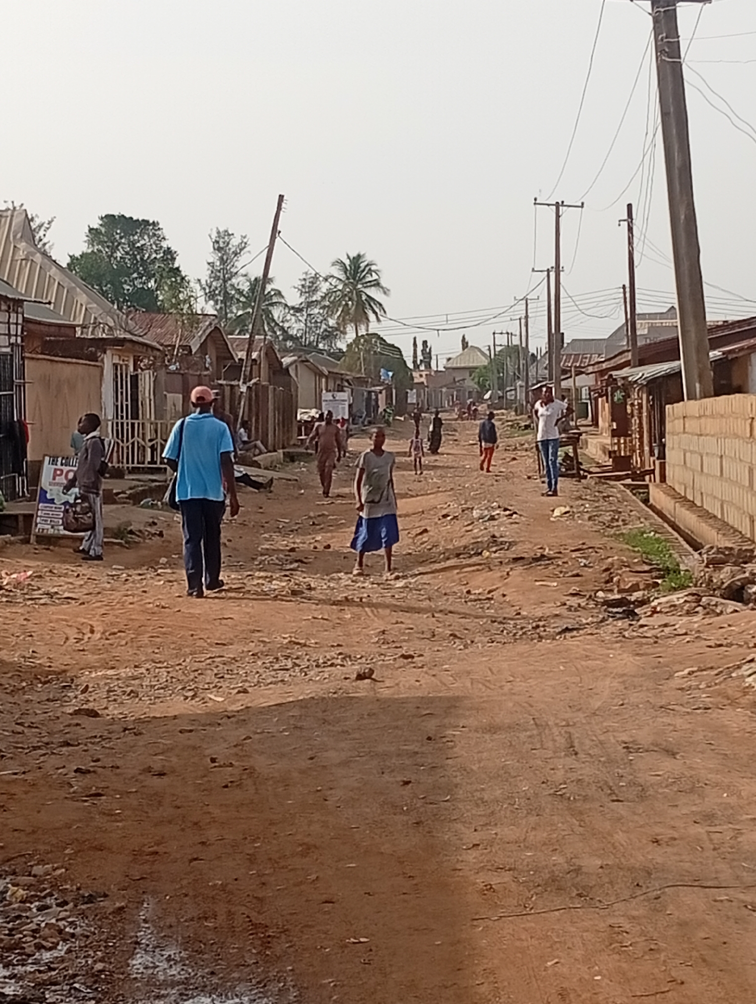 The image depicts a dirt road in Sabon Tasha, Nigeria. The road is uneven and appears to be poorly maintained. Several people are walking along the road, including a man in a blue shirt and a woman in a blue skirt. Buildings line both sides of the road, most of which appear to be modest in construction. Power lines are strung along poles that run alongside the road. The weather appears clear and the sky is overcast.