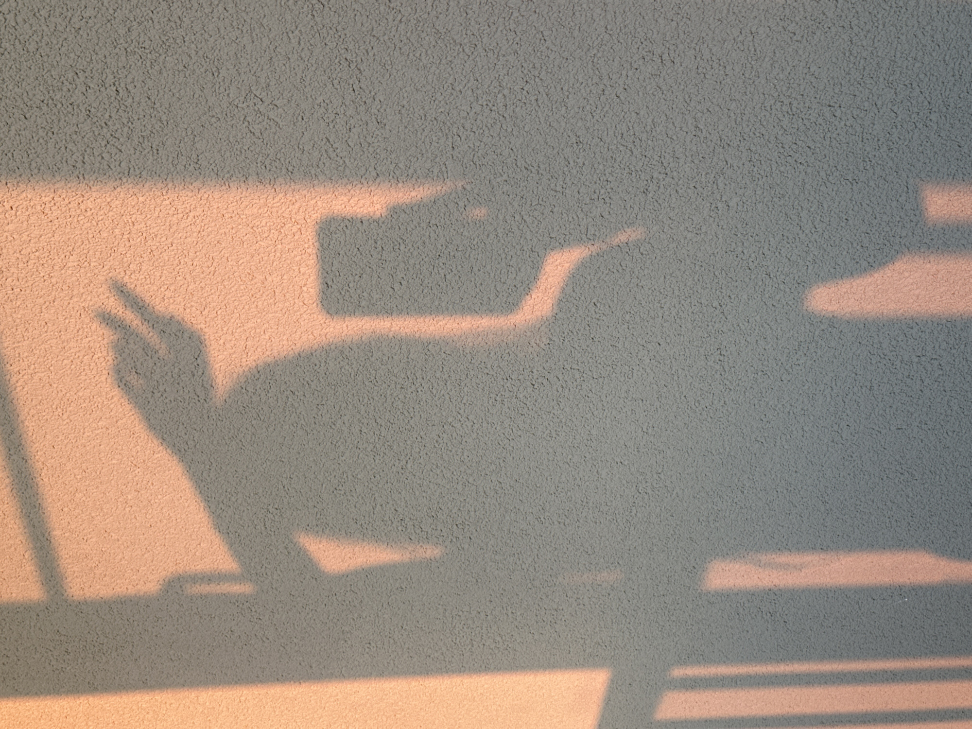 The image shows the shadow of a person, likely a young person, on a textured wall. The person is making a peace sign with their left hand. They appear to be wearing a head covering, possibly a hat or hood. The lighting suggests it is either early morning or late afternoon, as a warm, orange glow illuminates the lower portion of the wall and casts long shadows. The wall itself has a rough, stucco-like texture. The shadow is cast from the left, with a distinct rectangular shape suggesting a window or opening through which light is passing. The scene is still and quiet, with no other discernible objects or people in the frame. The overall mood is peaceful and contemplative, with the warm light and the hand gesture conveying a sense of calm and positivity. No text is visible in the image.
