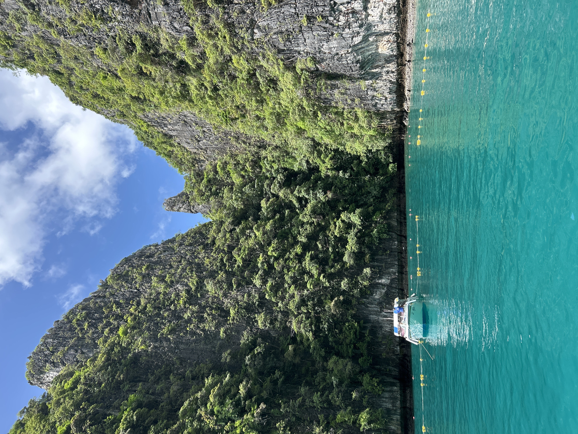 The image depicts a serene tropical bay in Ao Nang, Thailand, framed by towering limestone cliffs covered in lush green vegetation. The water is a vibrant turquoise, calm and clear, with ripples reflecting the bright blue sky dotted with white clouds. A white and blue tour boat is anchored in the middle of the bay, tethered to a line of yellow buoys that demarcate a swimming area. The rocky cliffs rise steeply on either side, creating a natural amphitheater effect. The overall scene evokes a sense of tranquility and natural beauty, characteristic of the popular tourist destinations in the region.