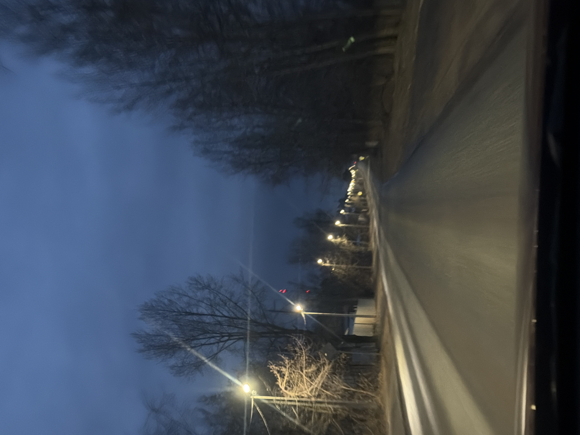 The image depicts a view from inside a vehicle traveling on a road, likely in Chaikovsky, Russia, at dusk or night. The road is illuminated by a row of streetlights on the right side. Bare trees line the left side of the road, contrasting with the dusky blue sky. The road surface is smooth and reflects the light from the streetlights. The vehicle's interior is visible on the right side of the frame.