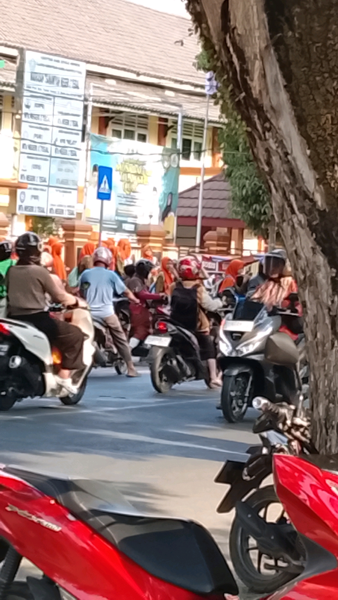 The image depicts a street scene in Slawi, Indonesia, likely on a sunny day, given the shadows cast. A group of people on motorcycles are visible, with some navigating through traffic and others parked. The architecture in the background suggests a public building, possibly a school or government office, with banners and signs displayed on its facade. A large tree trunk with textured bark occupies the right side of the frame, partially obscuring the background. The overall atmosphere suggests a busy urban environment.