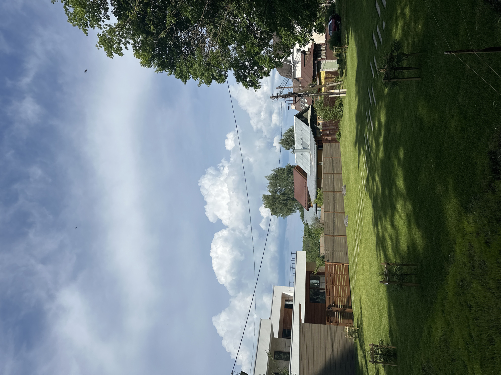 The image captures a suburban scene with modern and older houses, a well-maintained lawn, and a partly cloudy sky. In the foreground, a lush green lawn is dotted with a few small trees supported by wooden stakes. There are also several rectangular stepping stones arranged in parallel lines on the grass. A wooden fence runs across the mid-ground, separating the lawn from a row of houses. These houses vary in architectural style, with some appearing more contemporary and others older with traditional roofing. A large tree with dark green foliage is visible on the right side of the frame, partially obscuring the sky and some of the houses. Overhead, power lines are strung across the sky, and a few distant clouds are prominent against the blue sky. There are two small dark objects in the sky that appear to be birds or possibly aircraft. A red car is parked in front of one of the houses. The scene appears to be a residential area in a city or town, likely a suburb of Nizhny Novgorod, Russia, given the architectural styles and the presence of power lines and fences common in such areas.