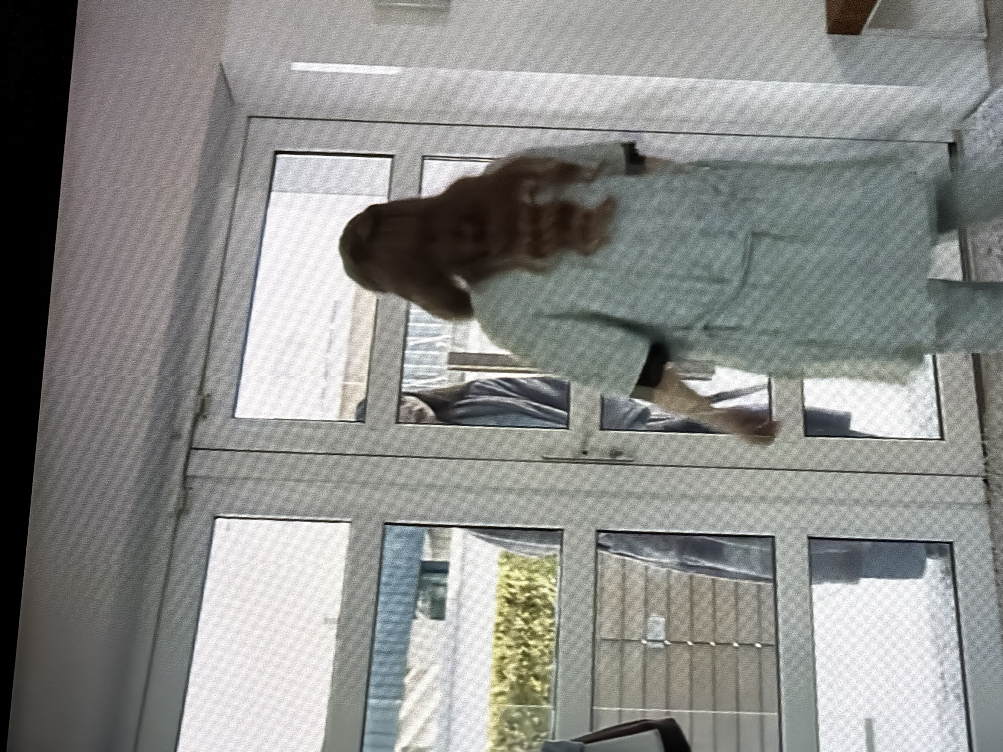 A woman with long, wavy brown hair is standing in front of a closed double glass door, facing away from the camera. She is wearing a light green patterned robe or long shirt and light gray pants. Her right hand is reaching towards the door. Through the glass doors, another person can be seen wearing a dark gray garment. The background outside the door appears to be a street or outdoor area with a hedge and some buildings. The interior appears to be a modern home with white walls and a white door frame. There is no discernible information within the image to indicate the location is Semiluki, Russia.