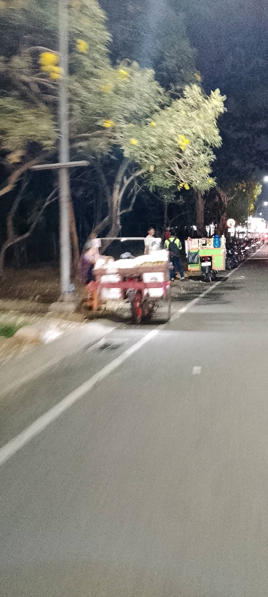 In Cileungsi, Indonesia, at night, a street scene unfolds with a prominent tree displaying yellow flowers to the left, illuminated by streetlights. In the foreground, a red and white cart, possibly for street vending, is visible with two individuals standing nearby. Further down the road, a green vending stall is set up with several motorcycles parked in front of it, indicating a commercial area. The street itself is paved with a white line marking. The image appears to have been taken with a camera that was moving, resulting in motion blur.