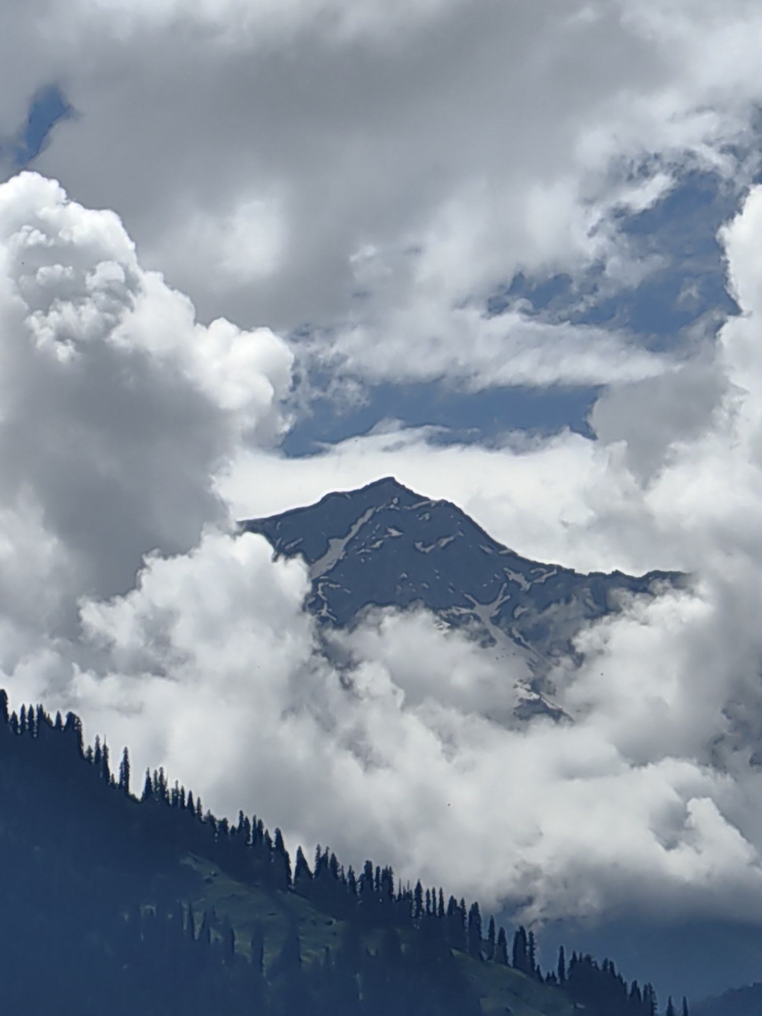 The image shows a mountainous landscape with a peak partially obscured by clouds. In the foreground, a dark silhouette of a forested slope with tall, slender evergreen trees runs across the lower part of the frame. The trees are dense, forming a textured line against the sky. Above the treeline, patches of green grass are visible on the mountainside. The mid-ground features a majestic mountain peak, its dark rock face marked with patches of snow, emerging from a swirling mass of white and gray clouds. The sky above is a mix of blue patches and heavy, textured clouds, suggesting a dynamic weather system. The scene evokes a sense of natural grandeur and isolation, characteristic of high-altitude environments. The location in Siumsa, India, suggests a Himalayan region, known for its dramatic mountain scenery and alpine forests.