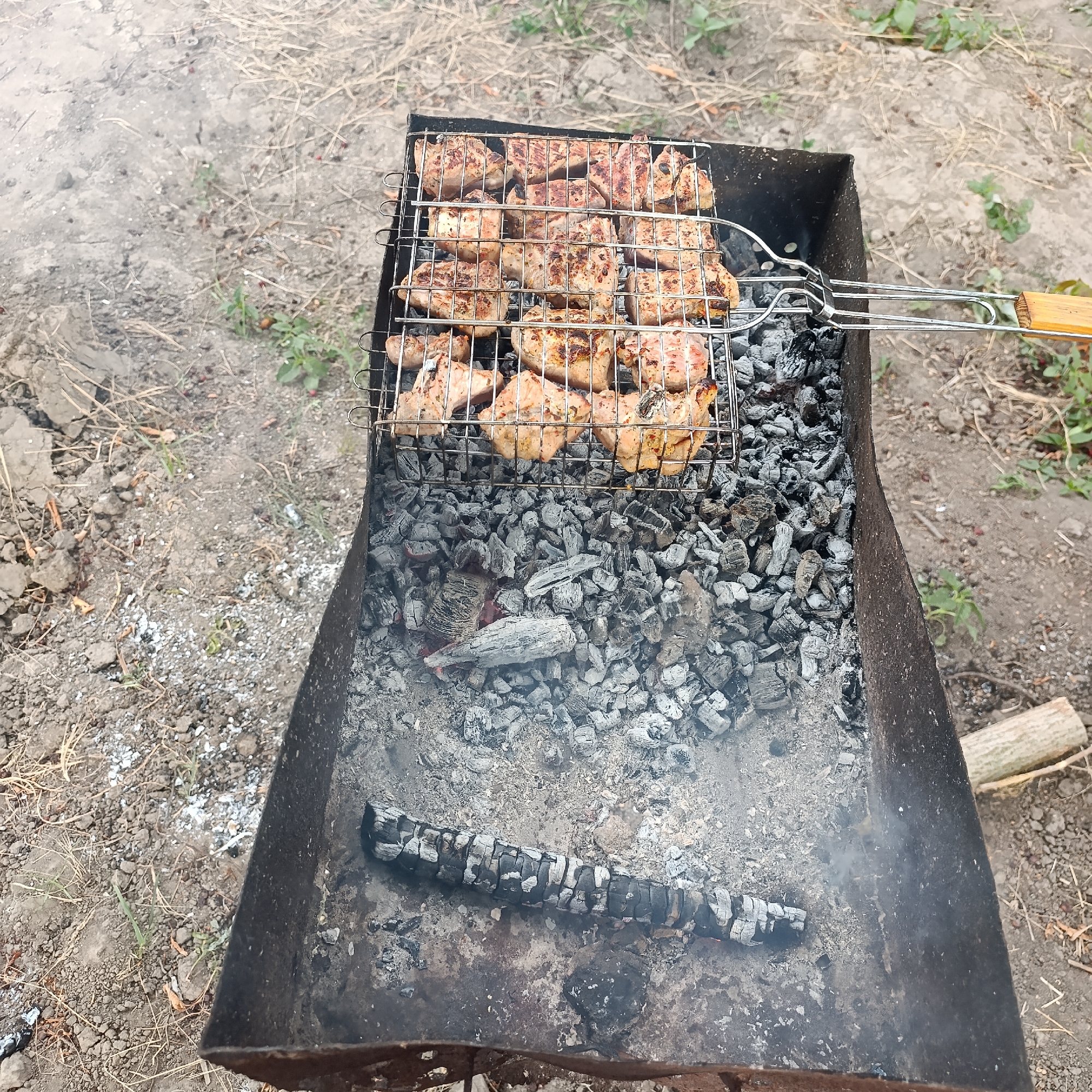In Ladyzhyn, Ukraine, a metal barbecue grill is filled with charcoal and burning embers. On top of the grill, a metal basket holds numerous pieces of grilled meat. The background consists of dry earth and scattered vegetation, suggesting an outdoor setting. A wooden handle extends from the grill basket, indicating it's a portable unit. Smoke rises from the coals, indicating the grilling process is underway. The overall scene depicts an outdoor cooking event.