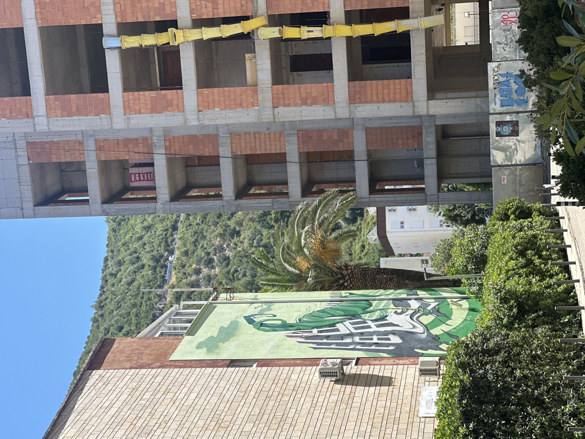 The image shows a street scene in Budva, Montenegro. On the left, a building with a brick facade features a large green mural of a dragon-like creature with a city landscape. An air conditioning unit is mounted on the wall. Adjacent to this building is a palm tree. To the right of the mural, a multi-story concrete and brick building is under construction, with yellow chutes running down its side. In the background, a verdant, tree-covered hill rises under a clear blue sky. A street runs in the foreground, lined with dense green bushes and metal bollards. Signs are visible on a fence in front of the construction site, including graffiti and a QR code. The overall impression is of an urban environment undergoing development, with a mix of old and new architecture set against a natural landscape.