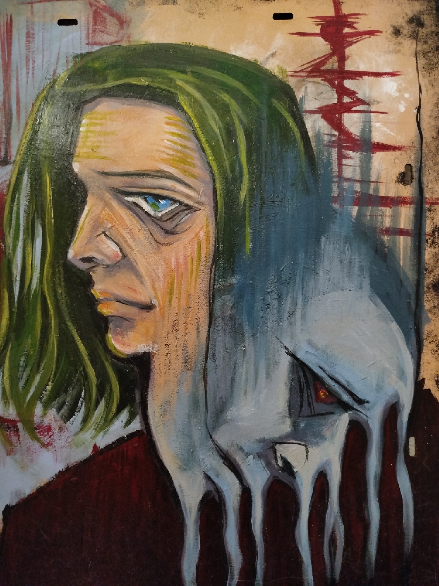 The image is a painting of a person with green hair and a pale complexion. The person's face is turned to the side, with a sad expression. One eye is blue. To the right of the person's face is a pale figure with an intense red eye. The figure appears to be melting or dissolving. The background is a mixture of brown, red, and white. The location is Unknown, Unknown. There are no additional details.