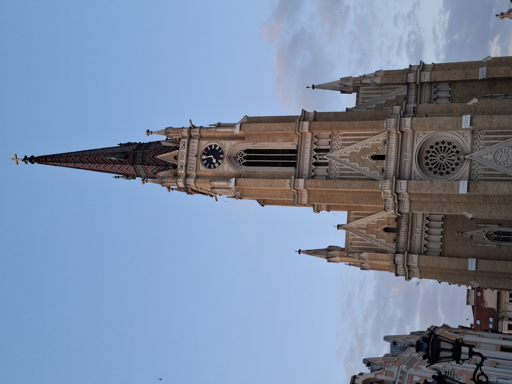 The image shows the Name of Mary Church in Novi Sad, Serbia, taken from a low angle, looking up. The church's facade is primarily tan brick with ornate gothic detailing. The church's tall spire features a pattern of red, green, and black tiles, topped with a golden cross. A large clock is visible on the tower. The sky is light blue, with some thin clouds. A few birds are visible. Below the church, parts of other buildings and street lamps are visible.
