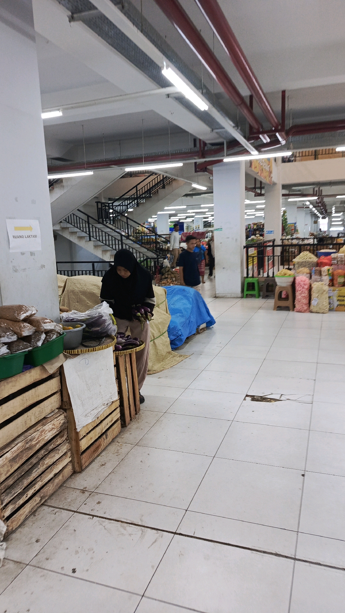 The image depicts an indoor market scene in Ponorogo, Indonesia. In the foreground, a woman wearing a black hijab and a light brown abaya is tending to a display of eggplants. She is holding a bunch of eggplants in her hands. Next to her, wooden crates are stacked, containing goods that appear to be sacks of food items. A woven basket is also visible, holding some of the eggplants.
Behind the woman, a blue tarp covers some goods, and a staircase with black railings ascends to an upper level. Further in the background, the market extends with rows of shelves stocked with various products. Several people are visible in the middle ground and background, shopping or working. The environment includes overhead lighting and exposed pipes, characteristic of a large retail space or market hall. The floor is tiled in a light color, with some visible wear and tear in places. A sign on the wall to the left reads "RUANG LAKTASI" with an arrow pointing to the right, indicating a lactation room.
