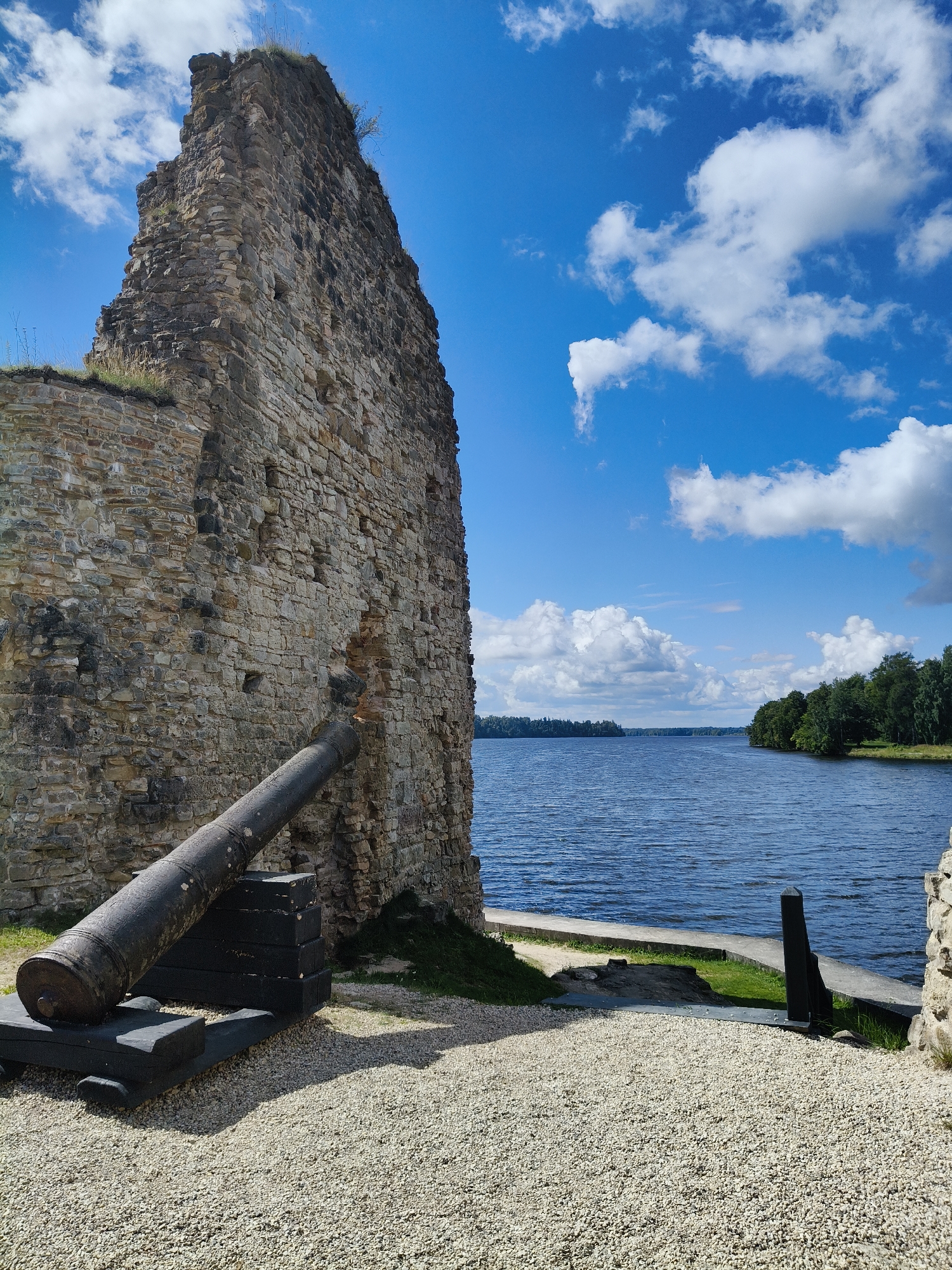 The image depicts the ruins of Koknese Castle in Koknese, Latvia, situated on the banks of the Daugava River. In the foreground, a large, weathered stone wall of the castle stands prominently on the left side of the frame. A dark, antique cannon is positioned at the base of the wall, resting on black wooden supports, with its barrel angled upwards. The ground in front of the wall is covered in light-colored gravel.
To the right of the castle ruins, a calm, blue body of water, the Daugava River, stretches into the distance. The river is bordered by a paved walkway and grassy areas. On the far bank of the river, a dense line of lush green trees forms the horizon, contrasting with the bright blue sky above. The sky is filled with scattered white, fluffy clouds. No people are visible in the image. The scene conveys a sense of historical presence and natural beauty, with the ancient ruins standing as a testament to the past against a serene natural backdrop.