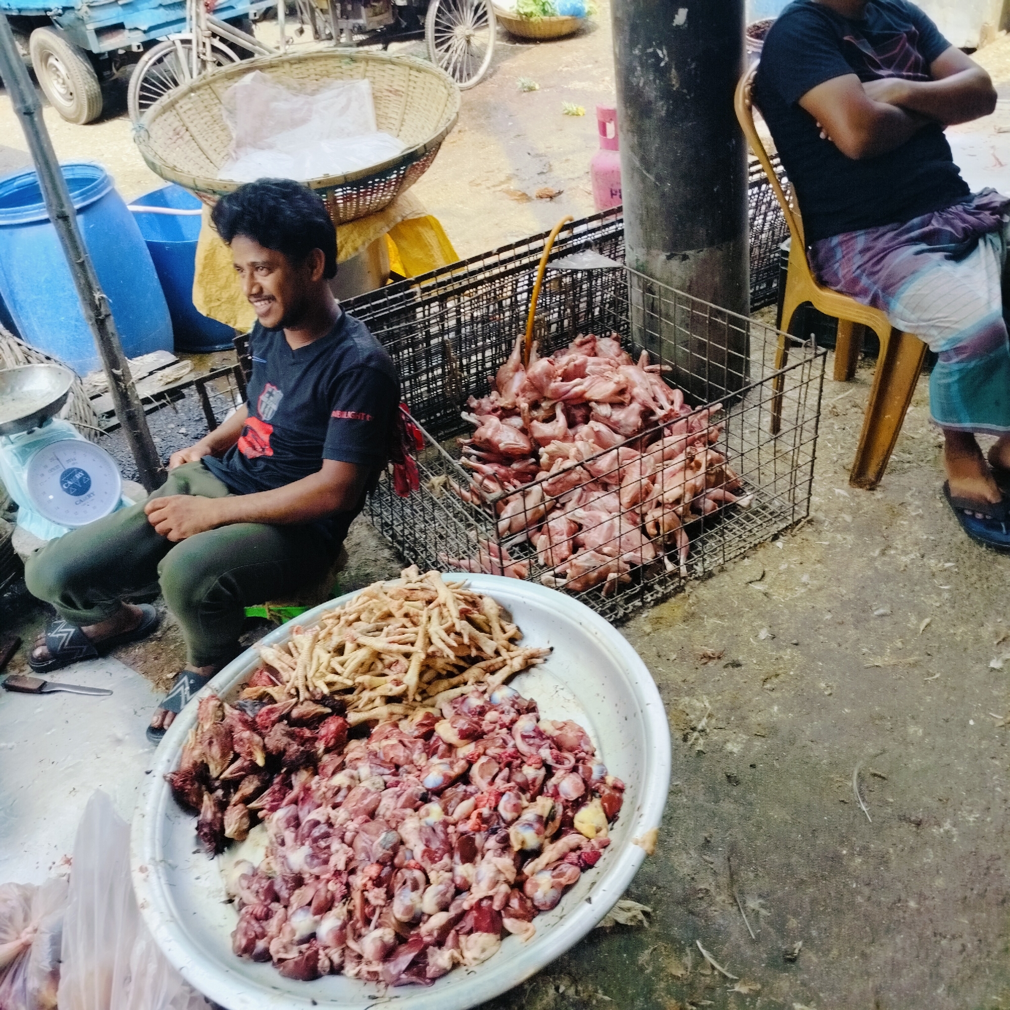 This image depicts an outdoor meat stall, likely in a market setting in Dhaka, Bangladesh, during daylight hours. The ground is a mix of concrete and dirt, characteristic of an informal commercial area.
Two men are visible in the scene. On the left, a young vendor sits on the ground, wearing a black t-shirt with a red design and olive-green trousers, along with black and white sandals. He looks towards the right with a bright smile. Beside him on the ground is a light blue mechanical weighing scale with the brand "CASSY" clearly visible on its dial.
In front of the vendor, a large white plastic basin holds a substantial quantity of raw poultry products. This includes a pile of chicken feet or necks and another pile of chopped giblets and offal. A small knife rests on the ground near the basin. Behind the vendor, two large metal cages are filled with numerous whole, plucked chickens or quails, indicating they are ready for sale.
Further in the background, another man sits casually on a yellow plastic chair, his arms crossed, wearing a dark t-shirt and a multi-colored lungi. A thick, dark metal pole stands vertically, possibly supporting a market structure or awning. Other background elements include large blue plastic barrels, a blue truck, and a bicycle. A large woven basket containing plastic bags sits near the truck. A pink gas cylinder, partially obscured, has "PS" visible on its side.
The scene portrays the everyday commerce and vibrant atmosphere of a busy market, with natural light illuminating the vendors and their produce.