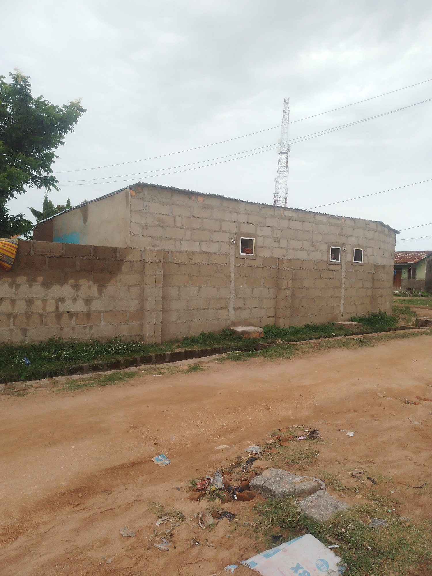 In Jalingo, Nigeria, a dirt road borders a newly constructed, unpainted cinder block building with a corrugated metal roof. Three rectangular windows, with silver frames, are visible on the building's facade. One window on the left shows an interior with a glimpse of what appears to be red fabric, and the middle window reveals a person's face. Small patches of green grass and a few scattered white flowers grow along the base of the building and a low cinder block wall. The ground in the foreground is a mixture of dirt, debris including plastic bags and wrappers, and patches of dry grass. In the background, a large communication tower stands against a cloudy sky, with power lines strung across the frame. To the right of the main building, another structure with a rusted corrugated metal roof is partially visible. The overall scene suggests an area under development with rudimentary infrastructure.