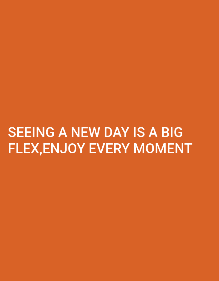 The image is a digital graphic with an orange background and the white text "SEEING A NEW DAY IS A BIG FLEX, ENJOY EVERY MOMENT." There is no indication of the location being Onitsha, Nigeria or any identifiable people, subjects, objects, actions, or interactions. The scene is purely textual against a solid color backdrop.