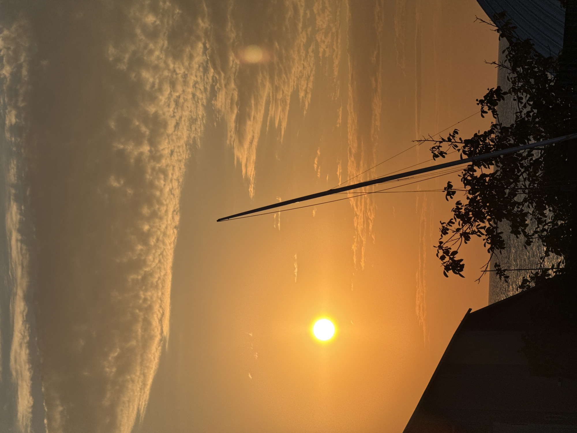 The image depicts a sunset over the Black Sea, as viewed from Sevastopol, Ukraine. The sun, a bright orb of yellow and white, is low in the sky, casting a warm, orange glow across the clouds and water. Silhouetted against the vibrant sky are the dark shapes of buildings, a tree with bare branches, and a tall mast, likely from a sailboat. The sea is calm, with gentle waves reflecting the sunset colors. The overall atmosphere is tranquil and serene, capturing the beauty of a coastal sunset.