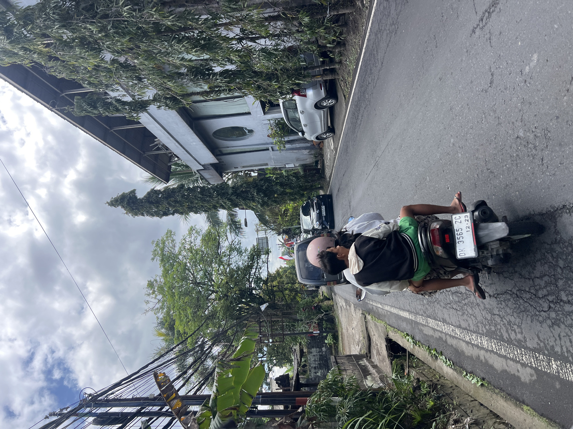 This is a vertical, medium shot captured from behind and slightly above, showing two individuals riding a motorcycle on a street in Payangan, Indonesia. The motorcycle is moving forward, with the rider in front wearing a white and black jacket and green shorts, and the passenger behind wearing a white hoodie and a pink helmet. The motorcycle has a license plate that reads "DK 3565 ZC" and "12-29".
The environment is a street lined with various elements. On the left side of the street, there are dense green plants, a stone wall, and a drainage ditch. Further back, there are buildings, electrical wires, and trees. On the right side of the street, there is a modern-looking building with a long, sloped roof, and a silver minivan parked in front of it. Tall, slender trees with dense foliage are also present on this side, obscuring parts of the building. In the background, several cars are visible on the road, and a flag with red and white colors is flying from a pole. The sky is overcast with clouds. The road surface is asphalt and appears weathered with cracks. The overall scene depicts a typical street view in a tropical urban or suburban area.