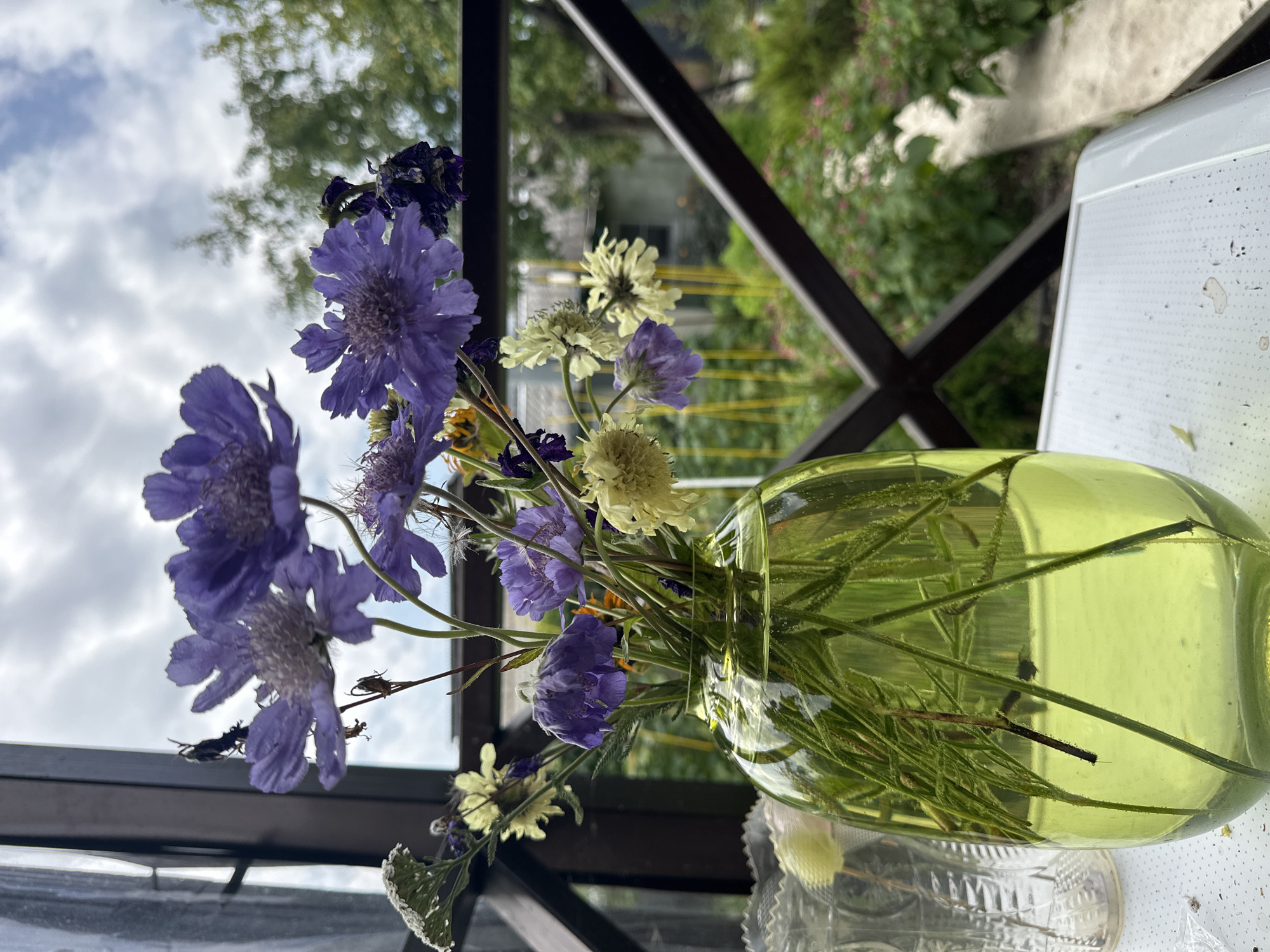 A bouquet of purple and yellow wildflowers in a green glass vase is positioned on a white surface. The vase, filled with water, contains multiple flower stems and a small dark insect. In the background, a wooden railing separates the foreground from an outdoor scene with blurred green foliage and a cloudy sky. The scene is likely on a balcony or porch in Yessentuki, Russia, given the outdoor setting and architectural style of the railing.