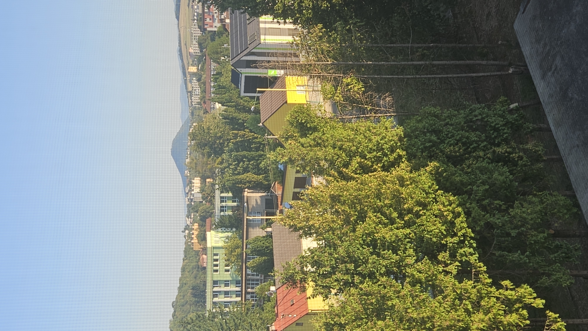 The image captures a panoramic view of a residential area in Prešov, Slovakia, under a clear sky. In the foreground, lush green trees dominate the scene, with the sun casting a warm glow on their foliage. Beyond the trees, a collection of houses and buildings are visible. Some of these are single-family homes with red and yellow roofs, while others appear to be larger apartment buildings or institutional structures painted in green and white. In the mid-ground, more trees and houses are nestled together. The background reveals a distant hilly landscape, with a prominent conical mountain shape visible in the far distance, likely a natural landmark. The overall impression is that of a peaceful, suburban environment during daylight hours.