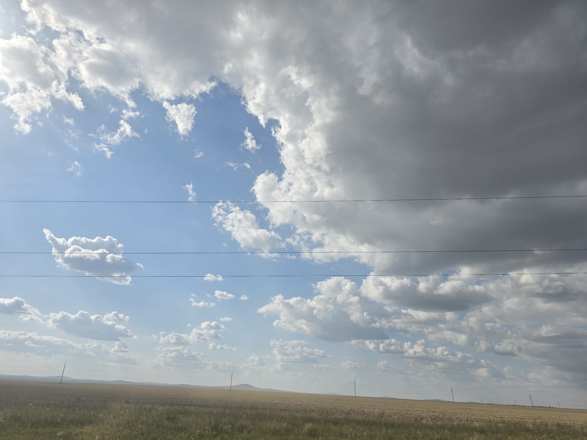 The image depicts a vast, open landscape under a dynamic sky. The foreground is dominated by a field of dry, golden-brown grass, suggesting an arid or semi-arid environment. Scattered across the field are sparse, thin green blades of grass. A few utility poles with wires are visible in the distance, stretching across the horizon. The horizon itself is low and flat, with rolling hills visible in the far distance, creating a sense of openness and expanse.
The sky is the most striking element of the image, characterized by a dramatic interplay of light and shadow. The left side of the sky is a bright, clear blue, dotted with fluffy white cumulus clouds. The sun is positioned in the upper left quadrant, its light illuminating these clouds and creating a sense of depth. As the eye moves towards the right, the sky transitions into a darker, more ominous expanse of heavy, grey clouds, indicative of approaching rain or a storm. These grey clouds obscure much of the blue sky on the right side of the frame. Four horizontal wires, likely power lines, stretch across the middle of the image, dividing the sky and the landscape. No people are present in the scene. The overall impression is one of a natural landscape experiencing a shift in weather conditions.