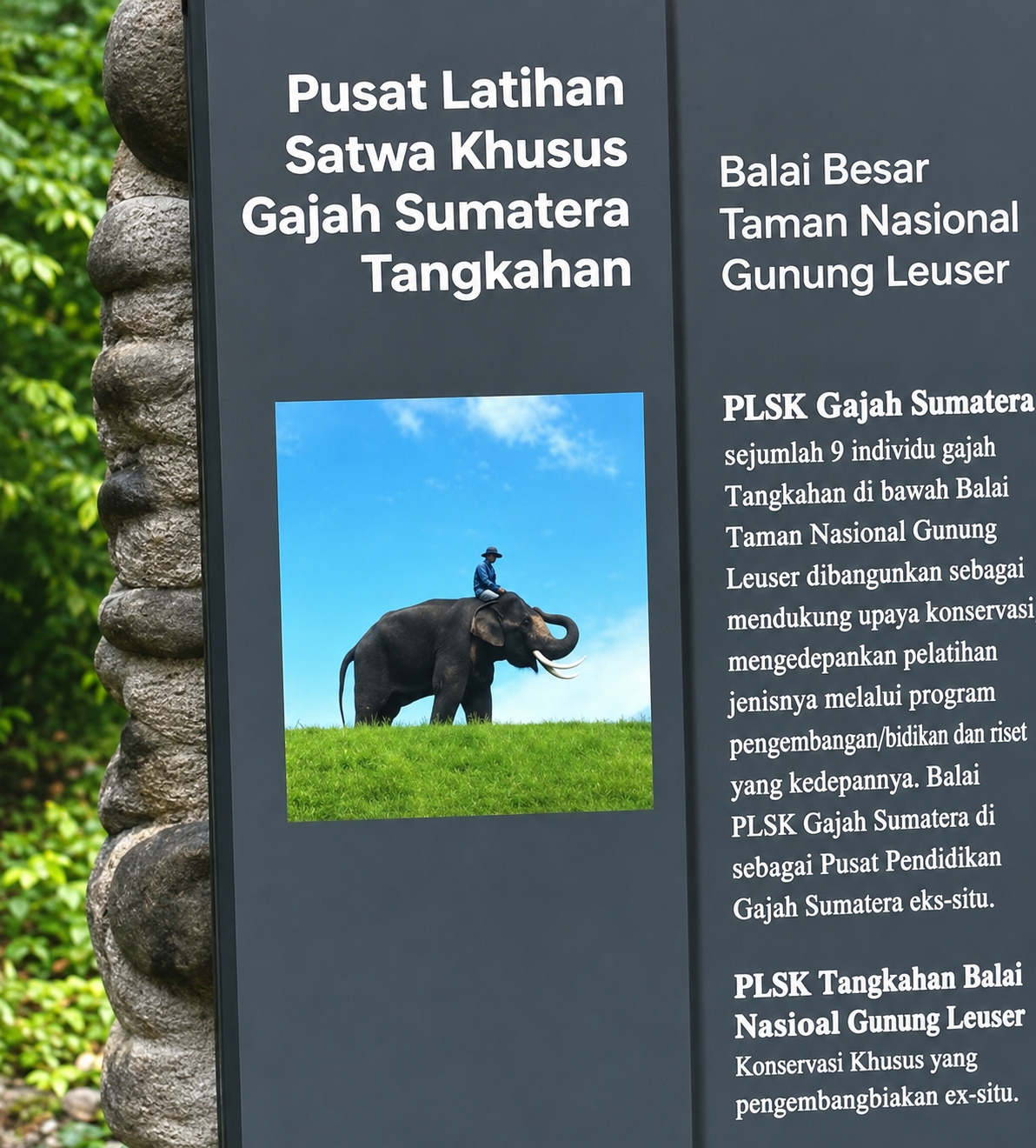 The image displays a signpost with text and a photograph. The text on the left side of the sign is in white and reads "Pusat Latihan Satwa Khusus Gajah Sumatera Tangkahan". Below this text is a photograph of an elephant with a person riding on its back, standing in a green field with a blue sky in the background.
To the right of this, also in white text, are two sections of information. The upper section reads "Balai Besar Taman Nasional Gunung Leuser". The lower section begins with "PLSK Gajah Sumatera" and provides a detailed description of the facility. The text is in Indonesian.
The signpost is set against a backdrop of lush green foliage, suggesting an outdoor, possibly natural environment. The signpost itself appears to be dark gray. The overall composition is that of an informational display, likely found at a location related to elephant conservation or education. The specific location of "Unknown, Indonesia" is not deducible from the image.