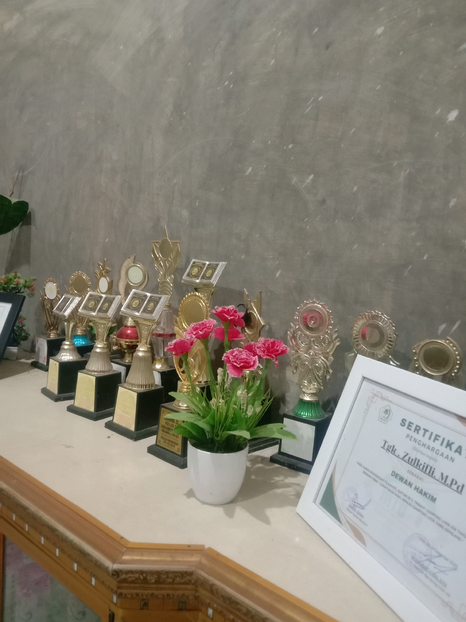 The image displays a shelf lined with trophies and a framed certificate in a room with a textured gray wall. The trophies are of various shapes and sizes, mostly gold and silver, and are arranged behind a white pot containing artificial pink flowers. The certificate, framed in white, is partially visible on the right side of the shelf. The text visible on the certificate includes "SERTIFIKA PENGHARGAAN" and "Tgk. Zulkifli. M.Pd," indicating an award or recognition. It also mentions "DEWAN HAKIM" (Judge) and "GAMPONG CHOK JOK" (Chok Jok Village), which suggests the location is in the city of Lhokjok, Indonesia. A portion of the wooden-edged shelf is visible in the foreground.