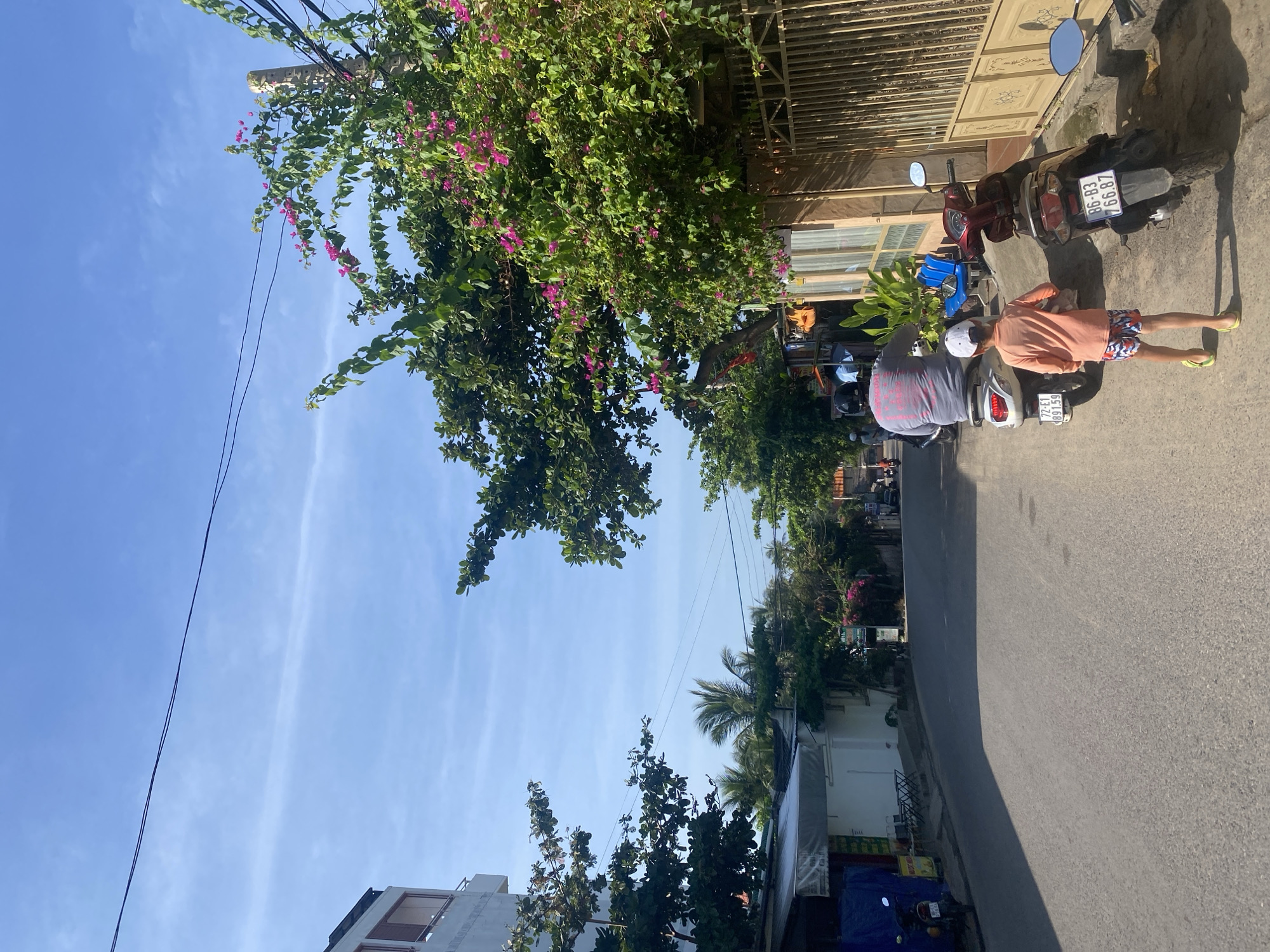 This media file depicts a sunny daytime scene in Mũi Né, Vietnam. The primary subjects are two people on motorcycles. One person is seated on a motorcycle, wearing a grey shirt and a white helmet, with their back to the camera. The second person is standing next to a motorcycle, wearing an orange shirt and patterned shorts, with a white helmet on their head. They are both positioned on a paved road in what appears to be a residential or commercial area, indicated by the buildings and a decorative metal fence visible in the background.
A large, leafy tree with pink flowers is prominent in the foreground, casting a shadow on the road. Several motorcycles are parked along the side of the road, one of which has a license plate clearly visible. The weather appears to be clear and sunny, with a bright blue sky and scattered white clouds. The overall impression is of a typical day in a warm climate, possibly in the early morning or late afternoon given the angle of the shadows.
Visible text includes license plate numbers on the motorcycles, such as "86-B3 66.87" and "72-E1 891.59". There are also some signs with text in Vietnamese, though they are not clearly legible in the provided image. The scene conveys a sense of everyday life in a Vietnamese town.