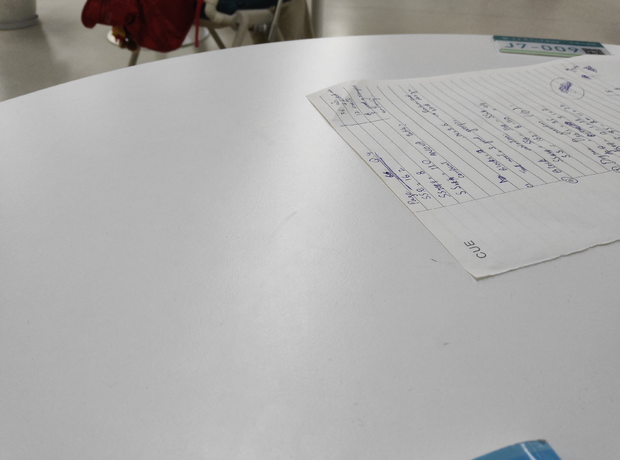 In an indoor setting, a white, circular table occupies the foreground and midground of the image. On the table, a piece of lined paper with handwritten notes and calculations is positioned diagonally. The notes are in blue ink and appear to be related to statistical analysis, with headings such as "ANOVA Table," "df," "SS," and "MS." Some numbers and symbols are also visible, including "162," "8," "55.8," "110," and "16.2." To the right of the paper, a portion of a blue and green card with text "J7-009" is visible. In the background, out of focus, a red object and part of a chair are present, suggesting a workspace or office environment. The lighting is soft and diffused.