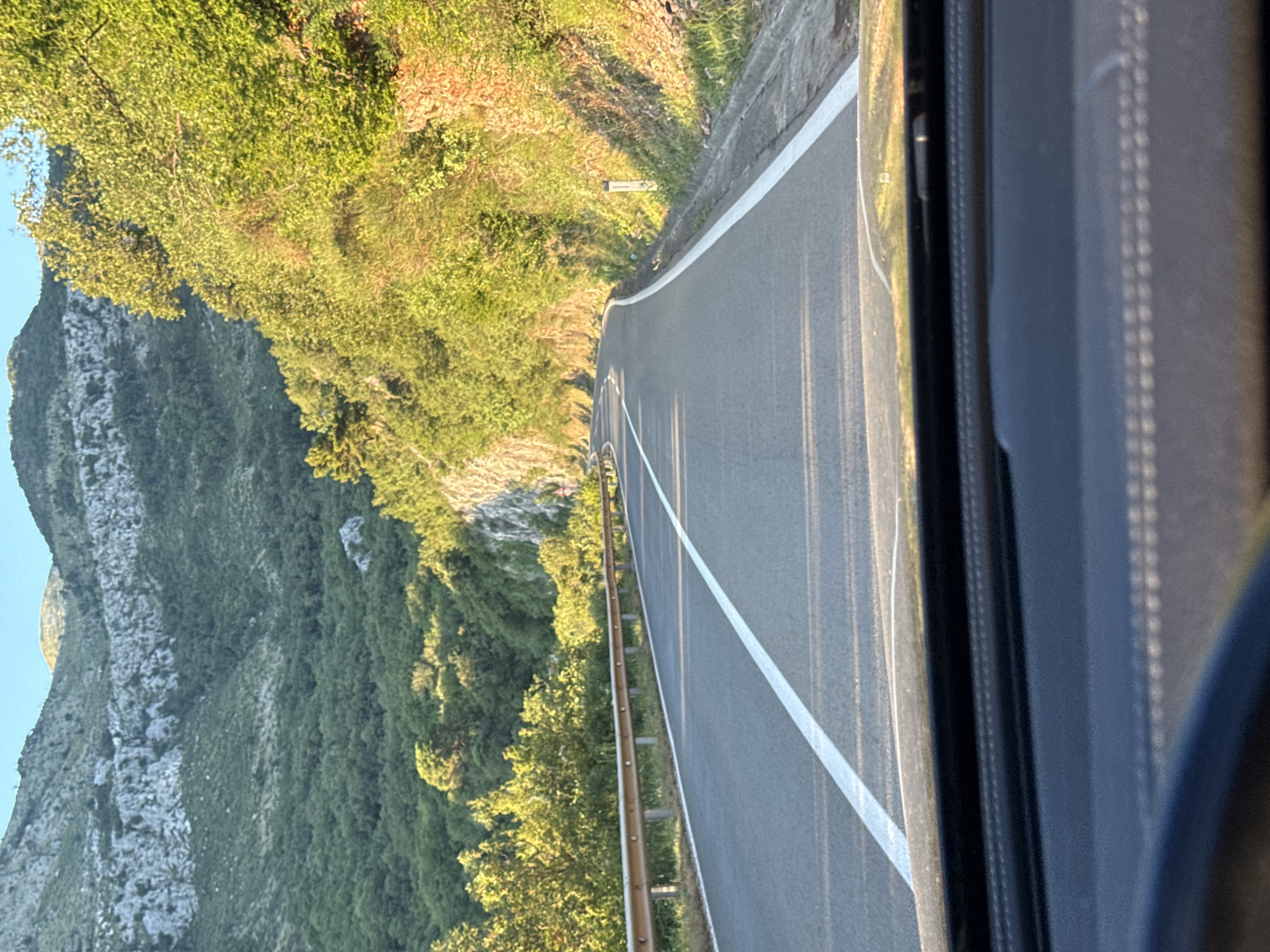 The image shows a scenic view of a winding road in Stupovi, Montenegro. The road is asphalt with white lines marking the lanes. A metal guardrail runs along the side of the road, separating it from a steep, tree-covered mountainside. The mountains in the background are rocky and sparsely vegetated at the top, transitioning to dense green foliage lower down. The sun is shining, casting long shadows and illuminating the trees with a warm, golden light. The perspective is from inside a vehicle, looking out through the windshield, with a portion of the dashboard visible in the foreground. There are no people or animals visible in the scene.