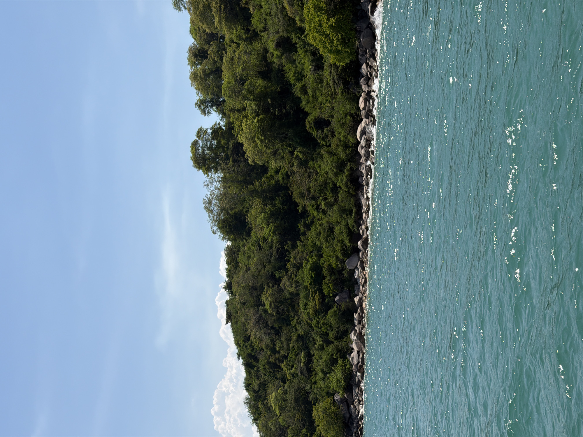 A wide-angle, vertical shot captures a serene coastal scene under a bright blue sky dotted with fluffy white clouds. The foreground is dominated by the turquoise water of the sea, its surface rippling and glinting with sunlight. Along the horizon, a lush, green, tree-covered hillside slopes down to a rocky shoreline where waves gently crash. The hillside is densely packed with various types of trees and shrubs, creating a vibrant tapestry of green. Large grey rocks and boulders are scattered along the edge of the land, some partially submerged in the water. The image conveys a sense of natural beauty and tranquility, suggesting a remote or untouched island or coastal area. The specific location in Bac Nha Trang Ward, Vietnam, is indicated by the unique geological formations and vegetation typical of the region.