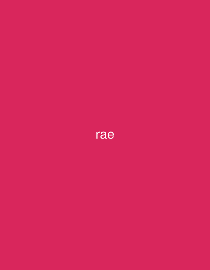 In Casablanca, Morocco, this image presents a solid, vivid magenta background. Two identical instances of the word 'rae' are displayed in white, lowercase, sans-serif typography. One 'rae' is horizontally centered in the upper half of the frame, and the other is horizontally centered in the lower half of the frame. No specific scenes, individuals, objects, actions, interactions, or environmental details beyond the colored background and text are visually present.