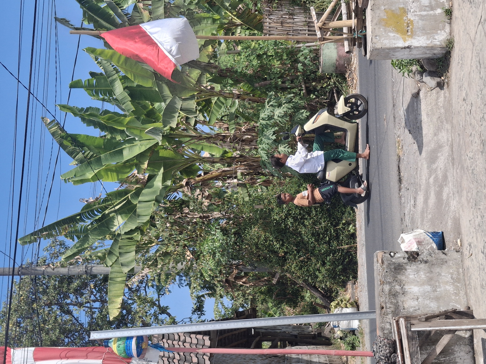 In Denok, Indonesia, on a bright sunny day, two young males are on a beige scooter traveling on an asphalt road. The scooter is moving from left to right across the frame. The person in the front is wearing a white long-sleeved shirt and green pants, and is barefoot. The person in the back is wearing an orange t-shirt and black shorts, and is also barefoot. Behind them, lush green vegetation is visible, including large banana trees and smaller leafy plants. In the background, a red and white Indonesian flag is flying from a bamboo pole, and several power lines are strung across the blue sky. To the left of the frame, a traditional Indonesian house with a tiled roof is partially visible, along with a tall pole and a red striped pole. The foreground shows a concrete barrier and a wooden structure, with some debris and rocks on the ground.