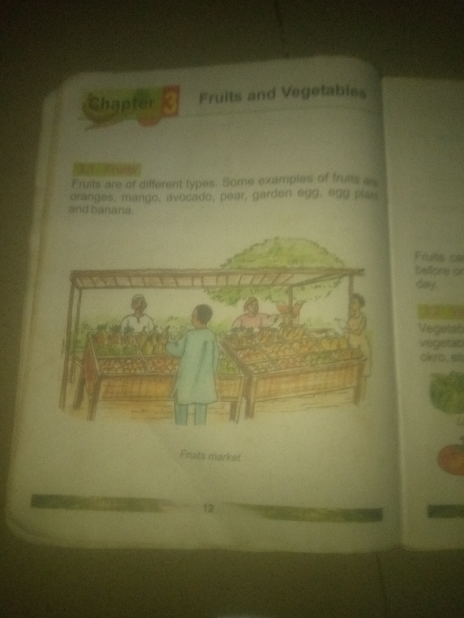 The image depicts a page from a book titled "Chapter 3: Fruits and Vegetables." The left side of the page features text and an illustration. The text discusses different types of fruits and provides examples. Below the text is an illustration of a market scene. The illustration shows a fruit stall with people selling and buying produce. Two individuals appear to be working at the stall, arranging fruits, and interacting with a customer. The background suggests an outdoor setting, possibly a street or marketplace. The right side of the page contains more text related to fruits and vegetables, along with small illustrations of a tomato and some green leafy vegetables. The page number "12" is visible at the bottom center. The image does not contain any information about the city of Jauro Yinu, Nigeria.