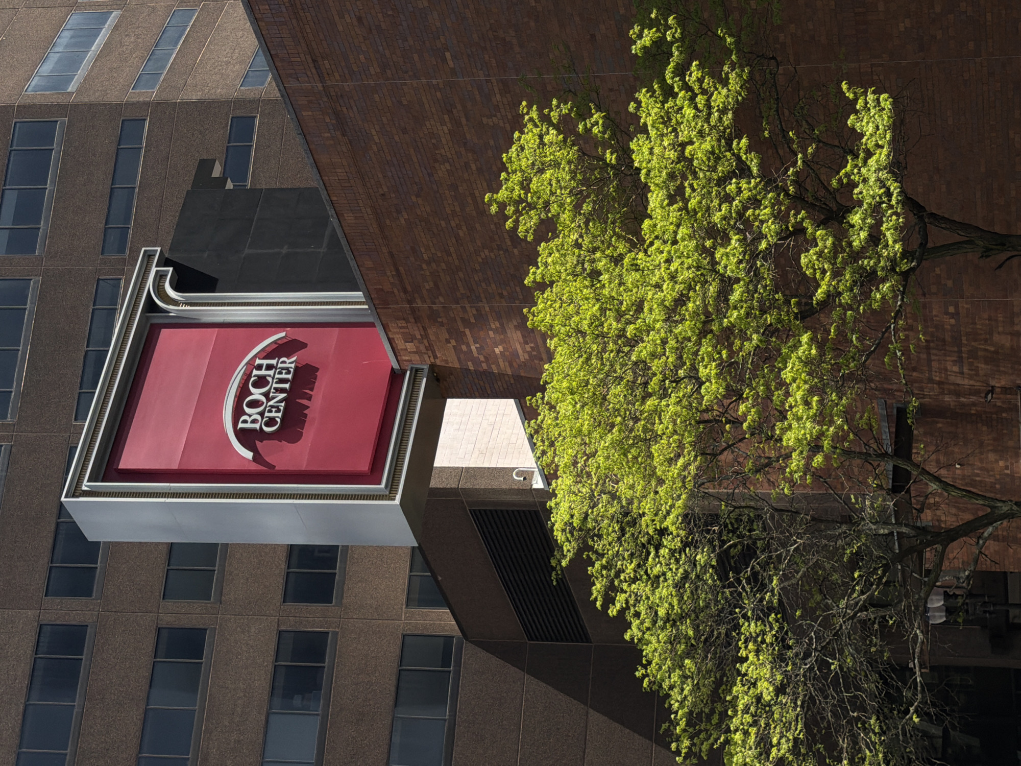 This is an eye-level shot of the Boch Center Wang Theatre in Boston, Massachusetts, USA. The building is mostly brown brick, but the Boch Center sign is a red marquee with white lettering. The sign extends out from the side of the building and is surrounded by a white, frame-like structure. To the right of the building, a large tree with bright green leaves partially obscures the building. The tree's branches extend out in all directions, and some of the branches are bare. The background of the image is made up of other buildings, mostly with brown and gray facades. Windows are visible in the background buildings, some reflecting the sky. The image appears to have been taken on a sunny day, as there are shadows visible on the buildings and on the ground.