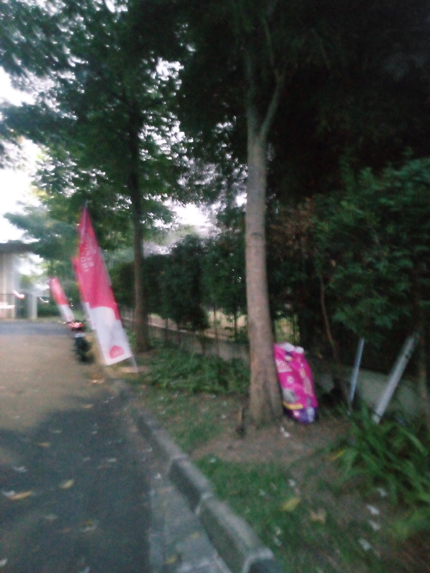 In Cikupa, Indonesia, an outdoor scene is captured. Two red and white flags, possibly representing the Indonesian flag, are planted on a paved pathway. One flag, positioned in the foreground, is larger and has text printed on it. Behind it, a second, smaller flag is visible. A motorcycle is parked near the flags. A pink plastic bag lies on the ground beside a tree. The background features trees and foliage, suggesting a park or a street lined with greenery. The overall lighting indicates it is daytime.