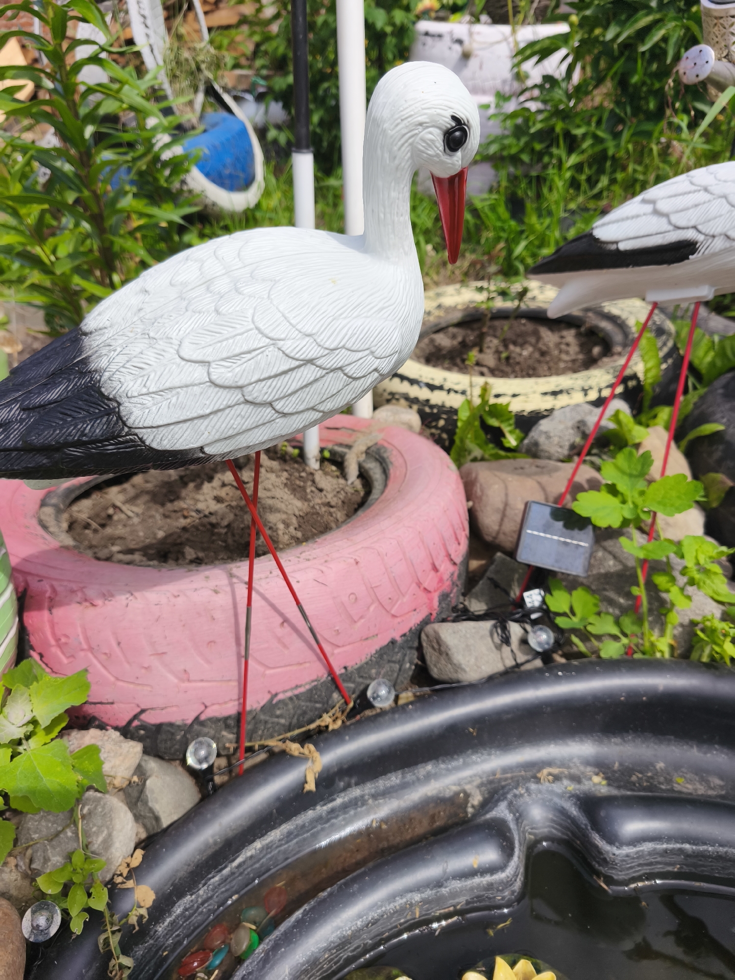 A close-up, eye-level outdoor shot captures a decorative stork figurine situated in a garden environment. The figurine, predominantly white with black wingtips and a red beak, stands on thin red legs. It is positioned in front of a pink-painted tire, which serves as a planter filled with soil. To the right, another stork figurine is partially visible, also appearing to be a decorative item. The background reveals lush green foliage, rocks, and a small solar-powered light. In the foreground, a black pond, likely a water feature, is visible, containing colorful decorative stones and a hint of a yellow flower, possibly a water lily. The scene appears to be a backyard or garden space in the city of Puchezh, Russia. The lighting suggests a sunny day.