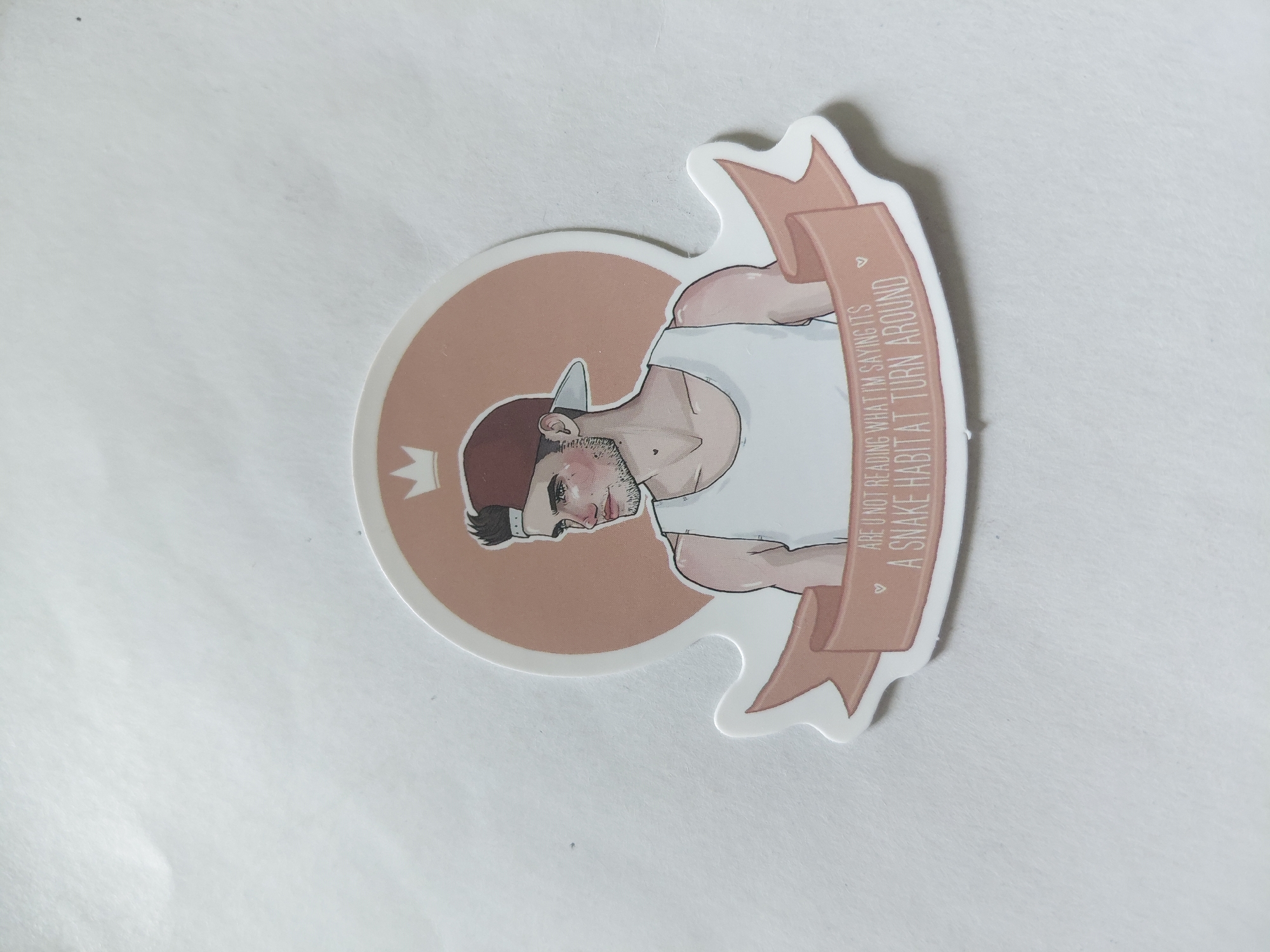 The image shows a sticker on a white surface. The sticker is circular with a banner at the bottom, and it features an illustration of a young man wearing a white tank top and a backward baseball cap. He has stubble on his face, rosy cheeks, and a small crown above his head. The banner below the illustration contains text that reads: "ARE U NOT READING WHAT I'M SAYING ITS A SNAKE HABITAT TURN AROUND". There are two small heart symbols on the banner, one on either side of the text. The background is plain white, suggesting the sticker is placed on a flat surface like paper or a table. The image is taken from a top-down perspective.