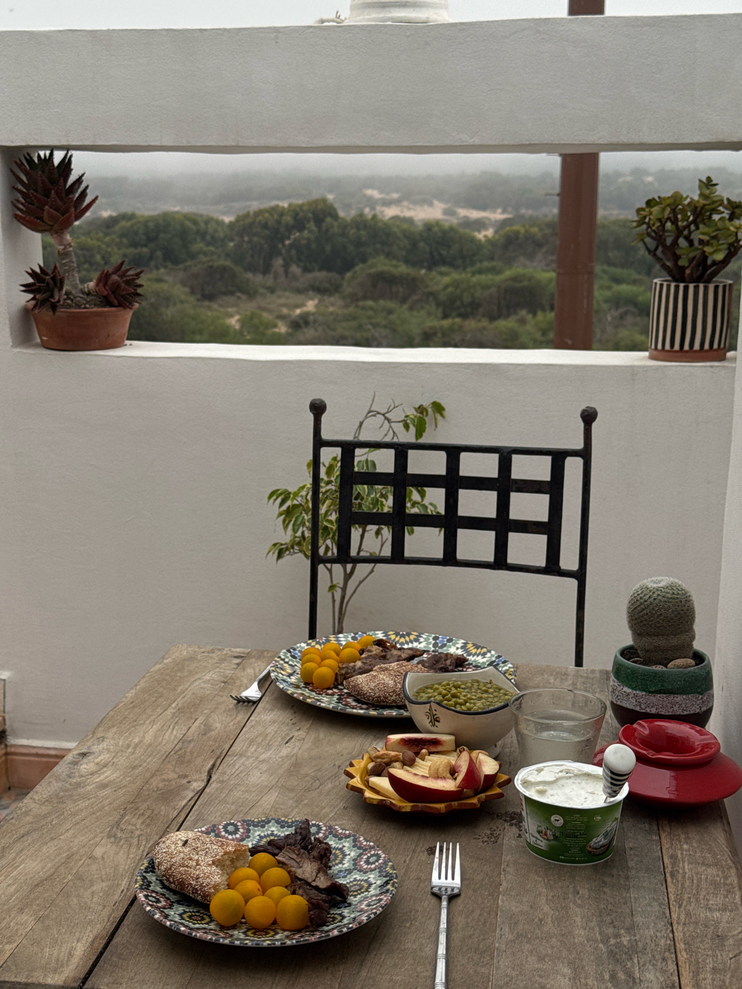 This is a vertical, eye-level medium shot of an outdoor dining table on a balcony overlooking a misty landscape in Essaouira, Morocco. The table, made of distressed wood, is set with two plates of food, a bowl of peas, a glass of water, a container of yogurt, and a cactus in a green planter. The plate in the foreground contains a halved bun dusted with white powder, slices of dark meat, and a cluster of small yellow fruits. The plate in the background holds similar items, including a dark, crusty bread roll, slices of meat, and yellow fruits. A fork rests on the table in the foreground.
Behind the table, a black metal chair with a grid pattern back is visible. In the background, through a horizontal window opening, a dense green forest stretches towards a hazy, overcast sky. Two potted plants, one with spiky reddish-brown leaves and the other with green foliage, sit on a white ledge above the window, framing the view. The overall atmosphere is serene and slightly melancholic due to the misty weather.