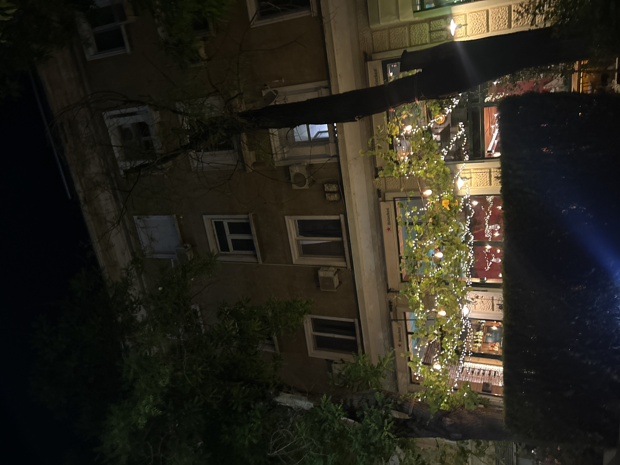 The image depicts a building at night. The building appears to have multiple floors with several windows visible, some illuminated from the inside. Strings of lights hang from the facade, suggesting a festive or decorative display. A tree trunk is partially obscuring the view of the building, with foliage visible in the foreground. A sign with a star is located near a window on the bottom right corner of the shot, with the name "Heineken" written on it. Based on this information, the location is possibly a bar or restaurant in Burgas, Bulgaria, given the presence of the Heineken sign. No people are visible in the image. The environment is urban and dimly lit.