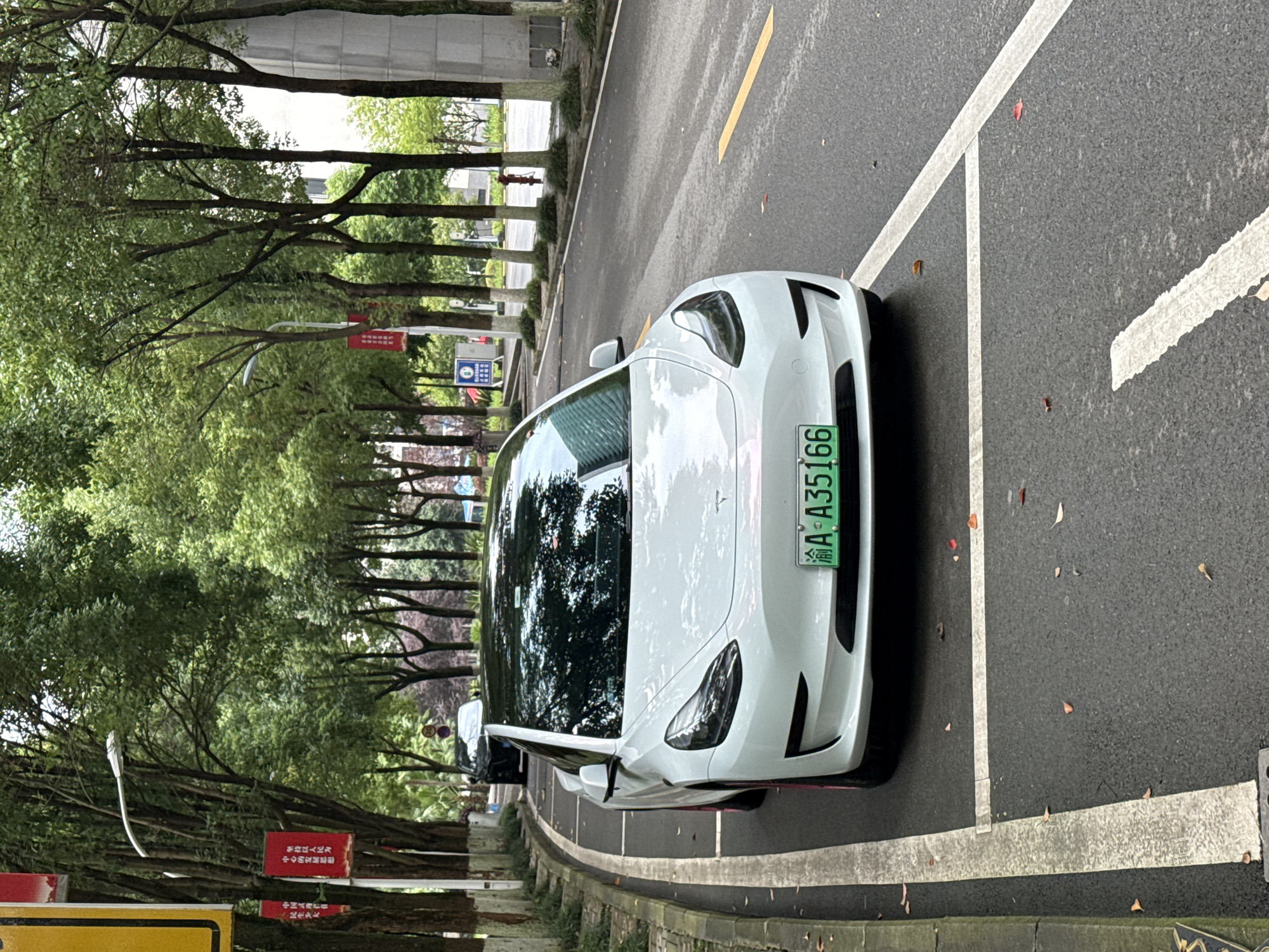 A white Tesla Model 3 is parked in a designated spot on a city street. The car has a black roof and a green license plate that reads "渝A A35166". Red accents are visible on the car's wheels. The street is lined with trees, and a sidewalk is visible on the left. In the background, another dark-colored car is parked, and some buildings and streetlights can be seen. The scene appears to be in Jiangjin District, Chongqing, China, suggested by the "渝" character on the license plate, which is the abbreviation for Chongqing.