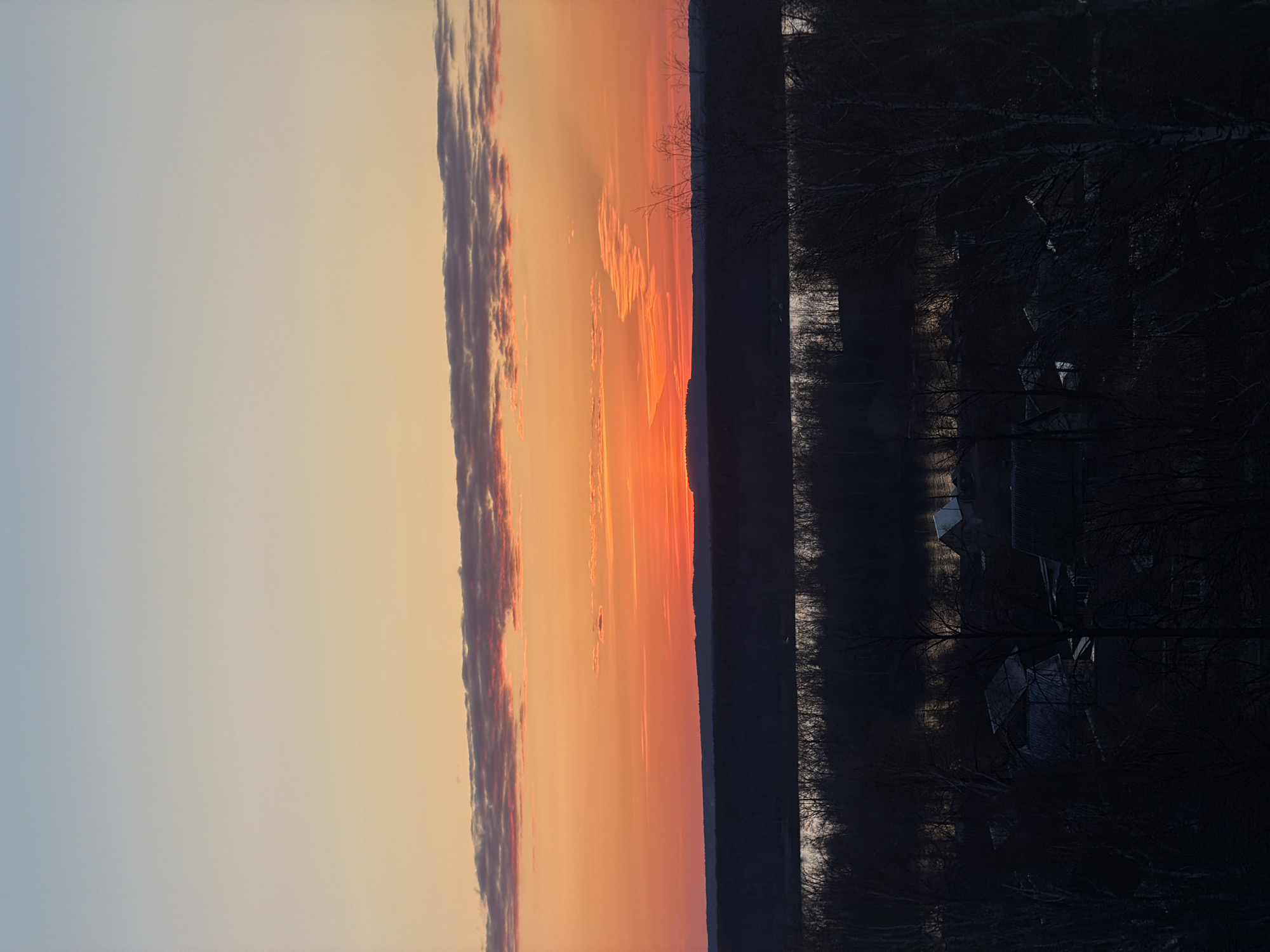 The image captures a scenic view at sunset or sunrise in Chaikovsky, Russia. The sky is a gradient of colors, from light blue to orange and red, with distinct cloud formations on the left. The horizon line is sharply defined by a dark silhouette, likely a treeline or distant landscape. In the foreground, the environment transitions into a darker, silhouetted area with visible trees, foliage, and what appears to be the rooftops of houses or buildings, possibly reflecting some light. The lighting casts a dramatic effect, highlighting the contrast between the bright sky and the darkened landscape. The environment looks rural or suburban.