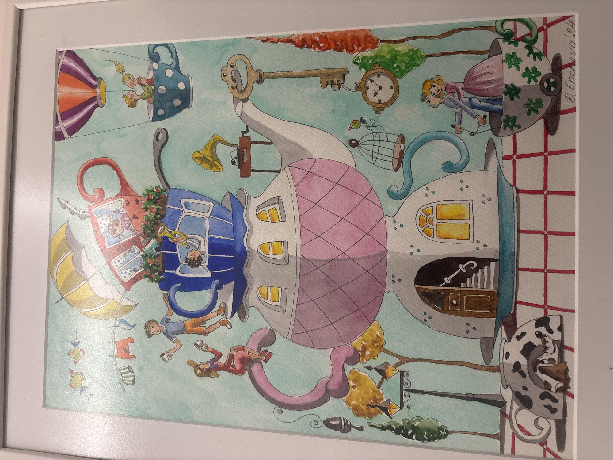 The image is a framed watercolor painting depicting a whimsical scene. A large teapot forms the central structure, resembling a house with windows, a door, and a pink patterned roof. Various objects and figures are integrated around the teapot. Above the teapot is a large key, a clock, a birdcage, and teacups with people inside. Below the teapot are people, trees, street lamps, and a teacup with a Dalmatian. In the background, there's a red and white checkered pattern resembling a wall. The style is illustrative and fantastical, with no specific indication of a location in Plovdiv, Bulgaria.