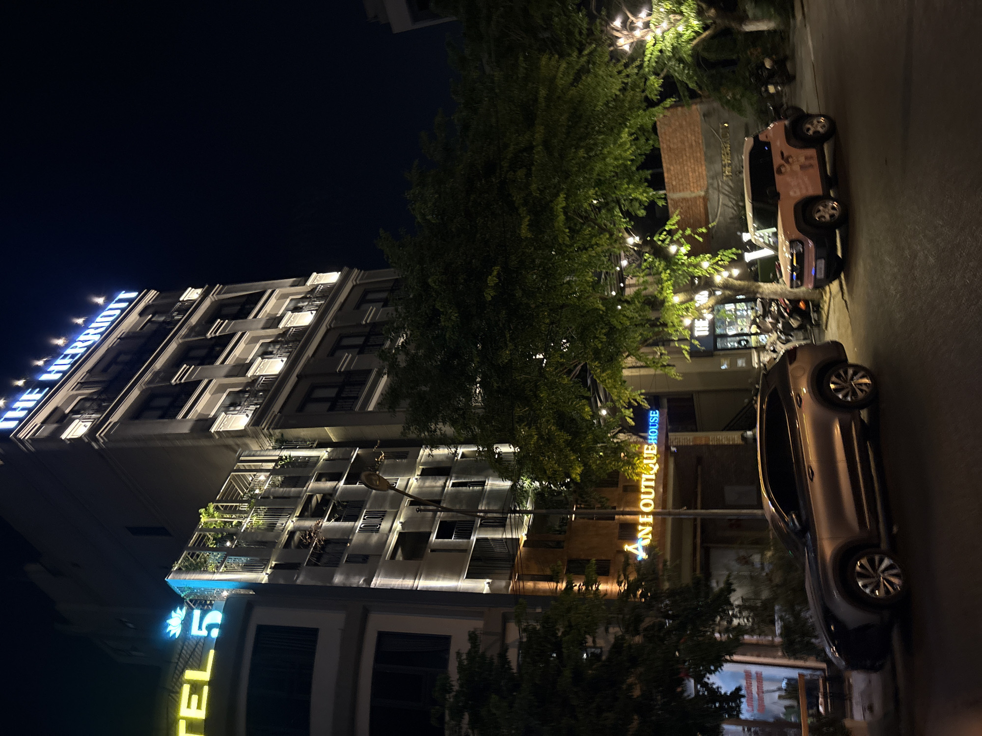 The image shows a nighttime street scene in Đà Nẵng, Vietnam. The street is lit by artificial lighting, including streetlights and building lights. A tall building, "THE HERIDIT," stands prominently on the left side of the frame, illuminated with bright signage. Adjacent to it is another building with "ANE BOUTIQUE HOUSE" illuminated vertically. Two cars are parked along the side of the road, one a modern SUV and the other a small, pink car. The road is dark. Trees are present along the street, partially obscuring the buildings and adding depth to the scene.