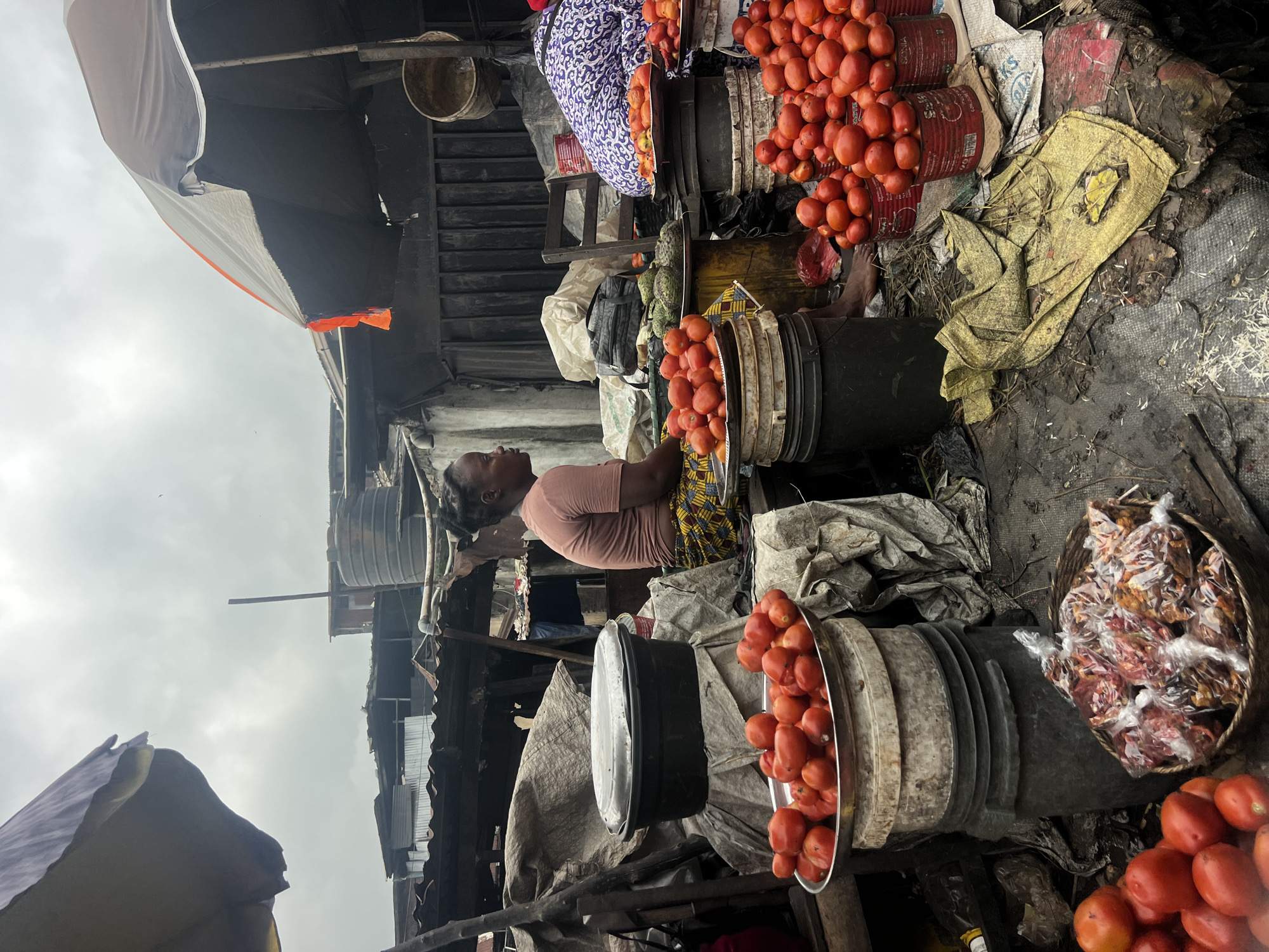 An outdoor market scene in Nkpor, Nigeria, features a woman sitting amidst piles of fresh produce. She is wearing a pink t-shirt and a patterned skirt and is facing to the right. Her hair is pulled back in a bun. In front of her are several large buckets and bowls overflowing with red tomatoes. Behind her, there are more tomatoes displayed on a tray, as well as green vegetables, and a purple and white patterned cloth covering a person seated on the right. The market is set up under umbrellas and awnings, with various structures and possibly other vendors visible in the background. The ground is muddy and littered with debris. A basket filled with clear plastic bags containing what appears to be dried food items is visible in the lower foreground. The sky is overcast, suggesting cloudy weather.